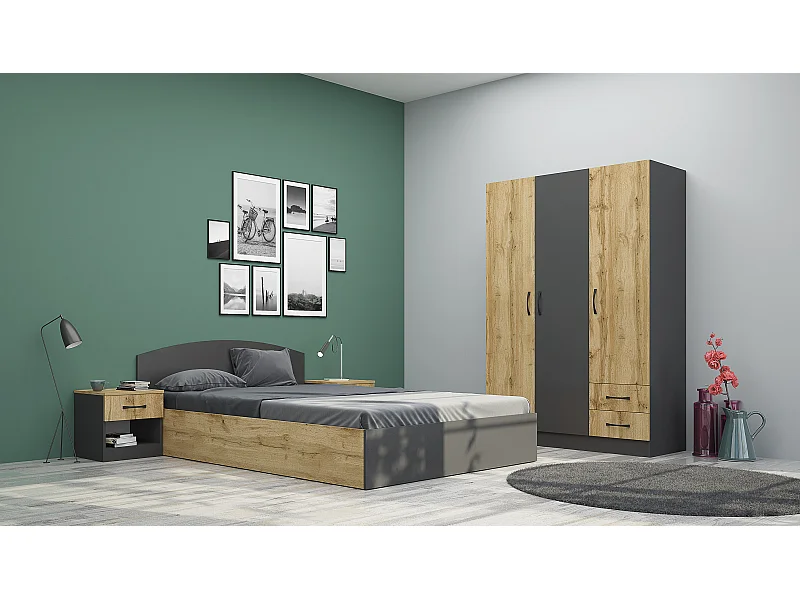 Camera da letto completa con letto a francese 140x190 design effetto legno rovere e antracite CMG40
