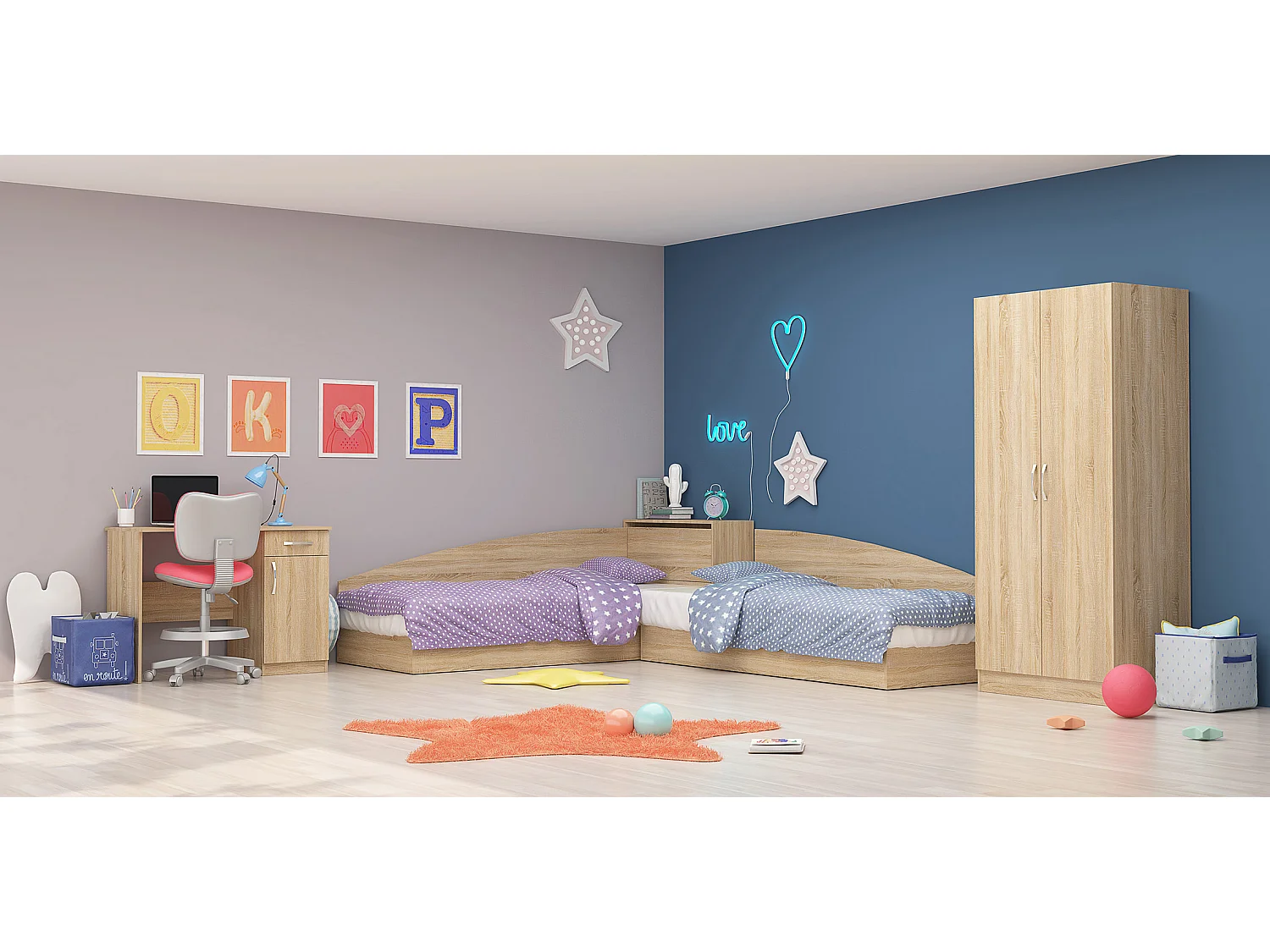 Cameretta completa 82x190 con due letti singoli ad angolo e scrivania sonoma CBG7