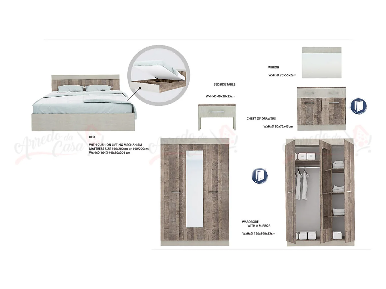Camera da letto completa effetto legno chiaro/scuro CMG3