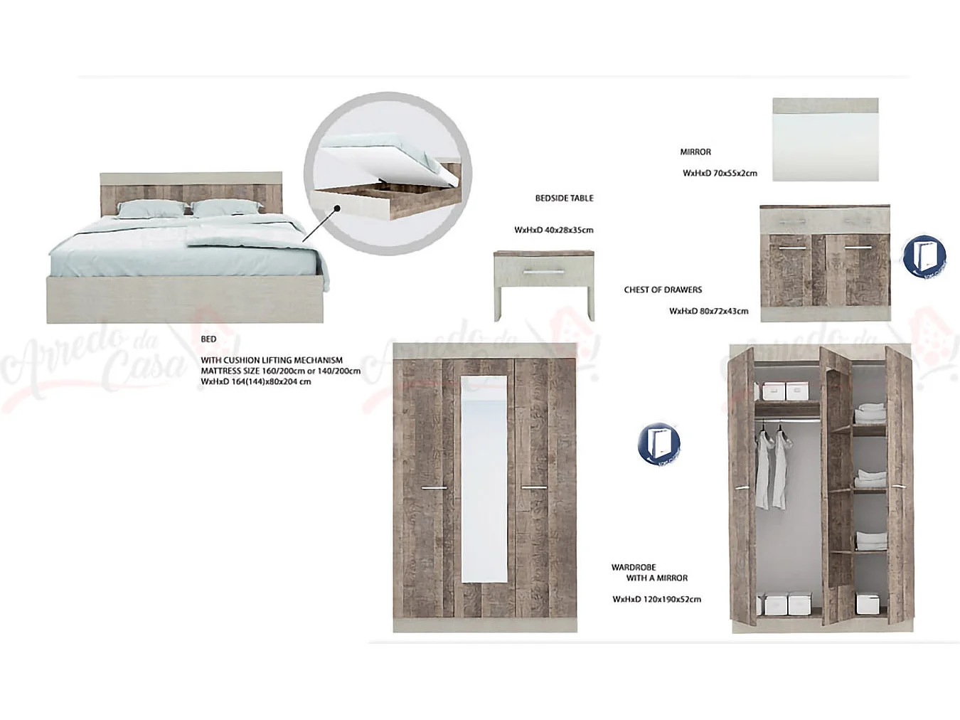 Camera da letto completa effetto legno chiaro/scuro CMG3