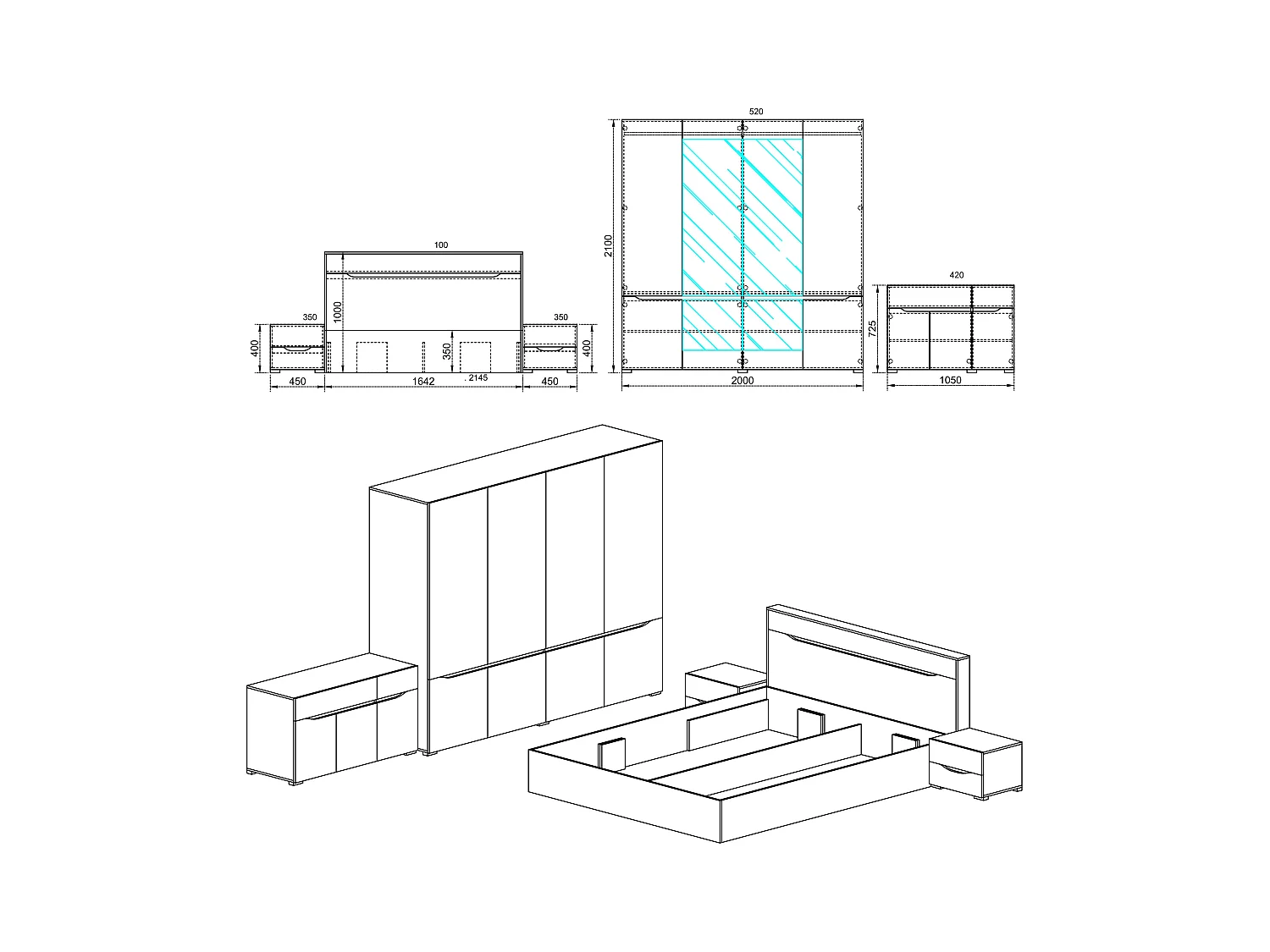 Camera da letto completa rovere scuro/grigio chiaro CDLI7035