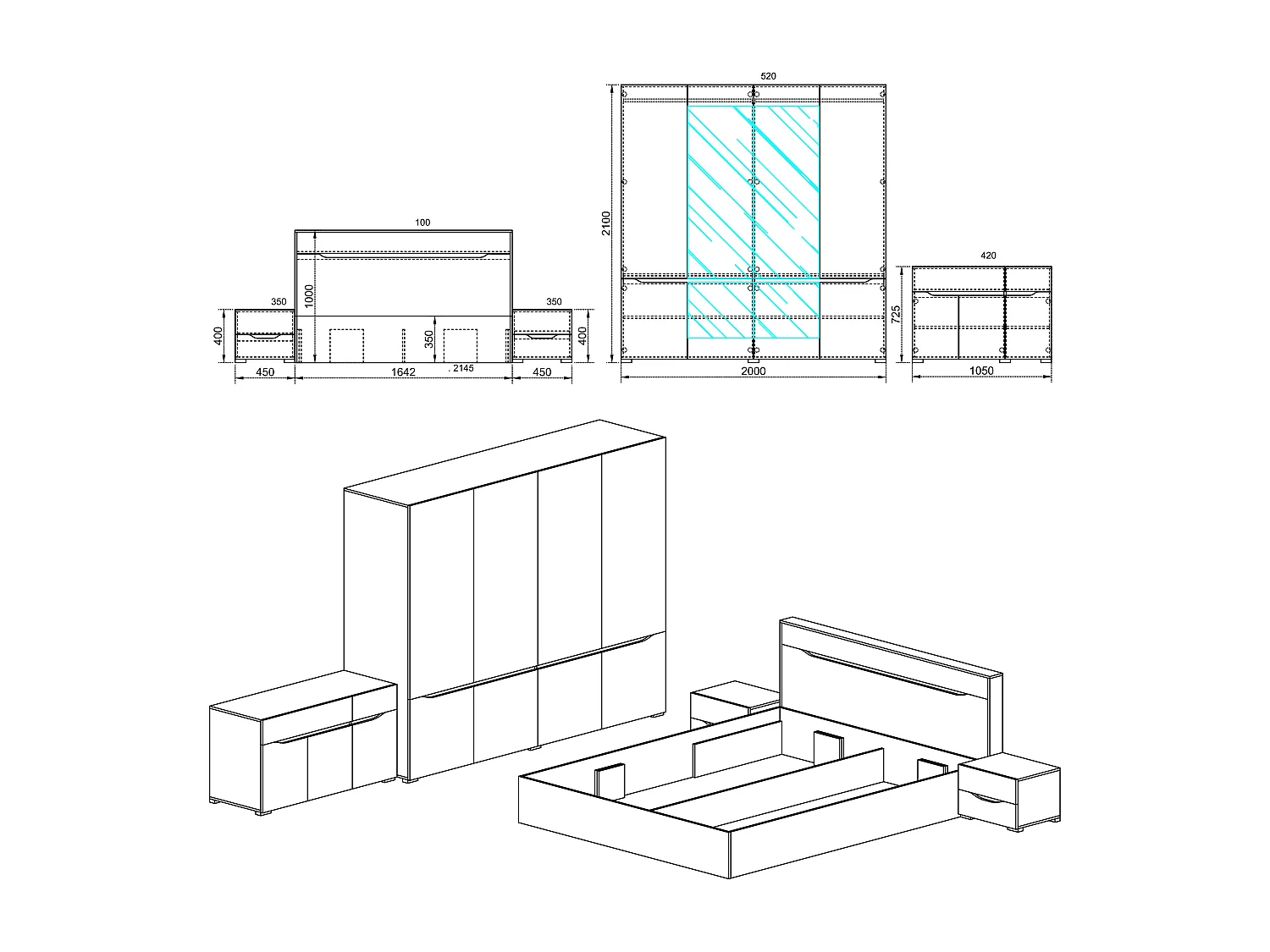 Camera da letto completa rovere scuro/grigio chiaro CDLI7035