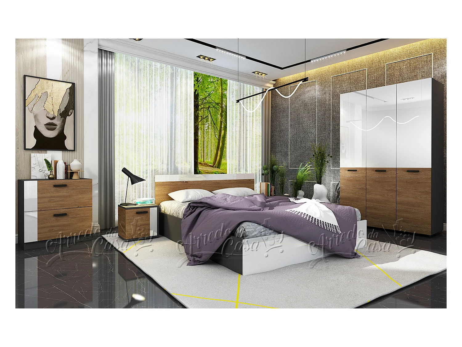 Camera matrimoniale completa 160x200 bianco lucido, grigio e noce CDLU35