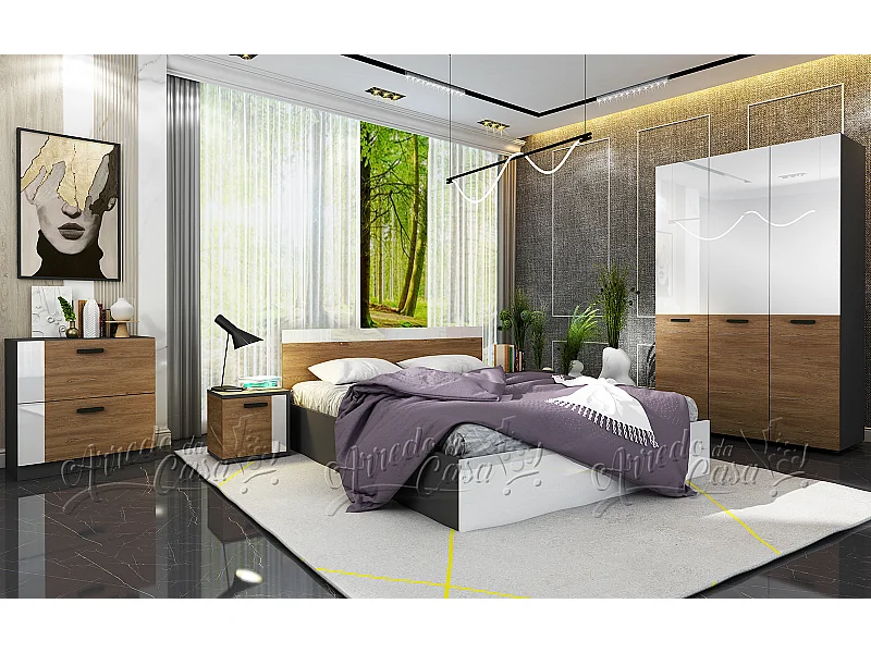 Camera matrimoniale completa 160x200 bianco lucido, grigio e noce CDLU35