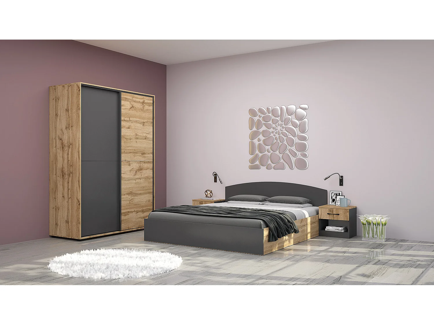 Camera da letto matrimoniale 160x200 completa design effetto legno rovere e antracite CMG42