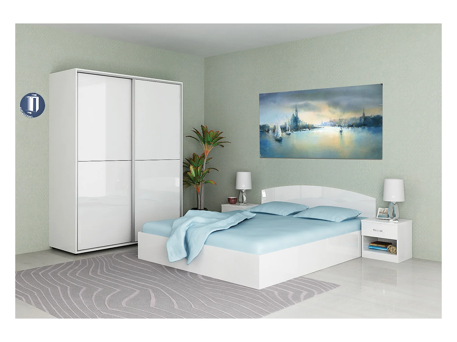 Camera da letto matrimoniale 160x200 completa design effetto laccato bianco lucido CMG42