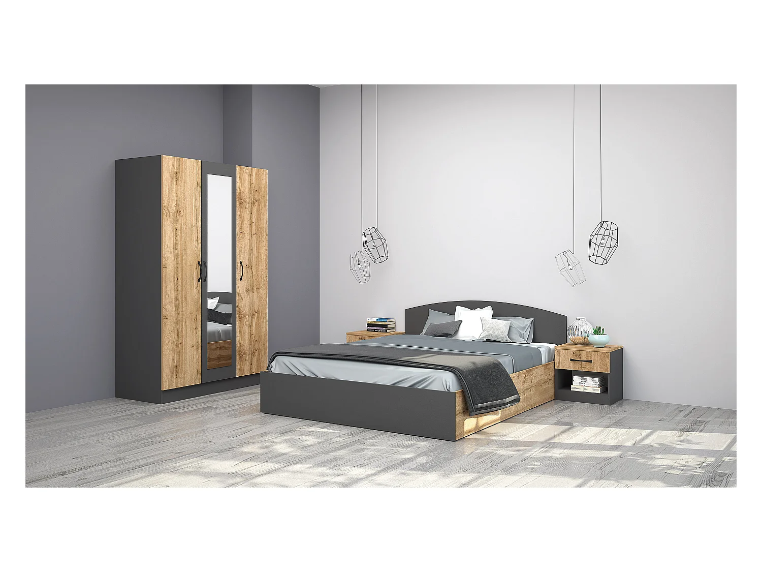 Camera matrimoniale da letto 160x200 completa effetto legno rovere e antracite CMG41
