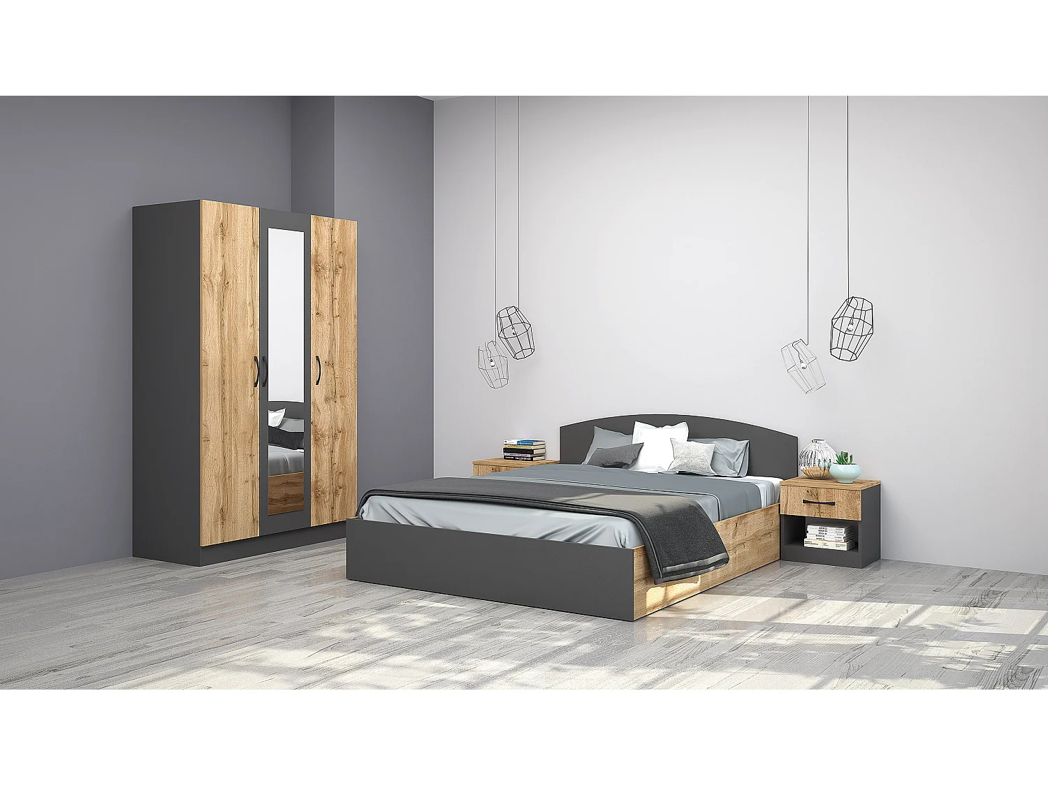 Camera matrimoniale da letto 160x200 completa effetto legno rovere e antracite CMG41