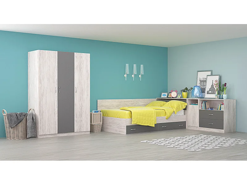 Cameretta completa con letto a una piazza e mezza 120x190 cm rovere bianco e antracite CBG17