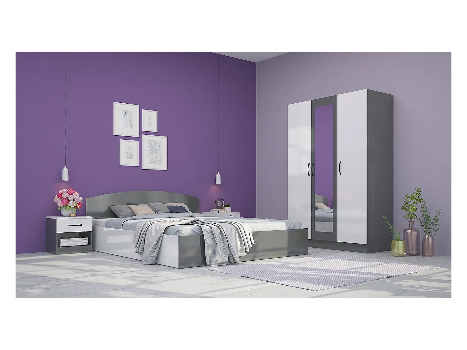 Camera matrimoniale da letto 160x200 completa effetto laccato bianco lucido e antracite CMG41