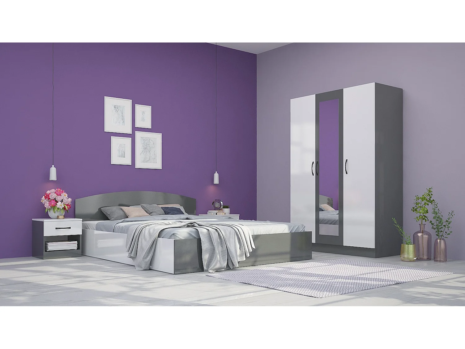 Camera matrimoniale da letto 160x200 completa effetto laccato bianco lucido e antracite CMG41