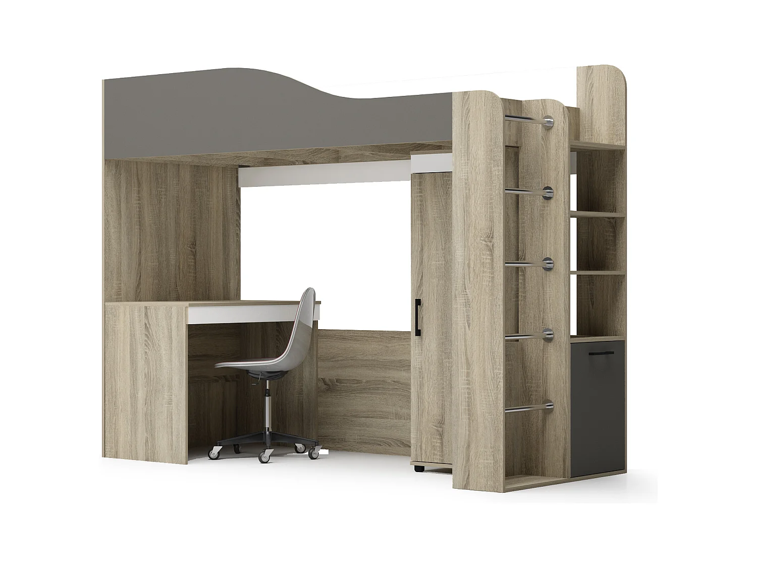 Cameretta moderna a soppalco con scrivania 96x180x232 cm in rovere, antracite e bianco CBG19