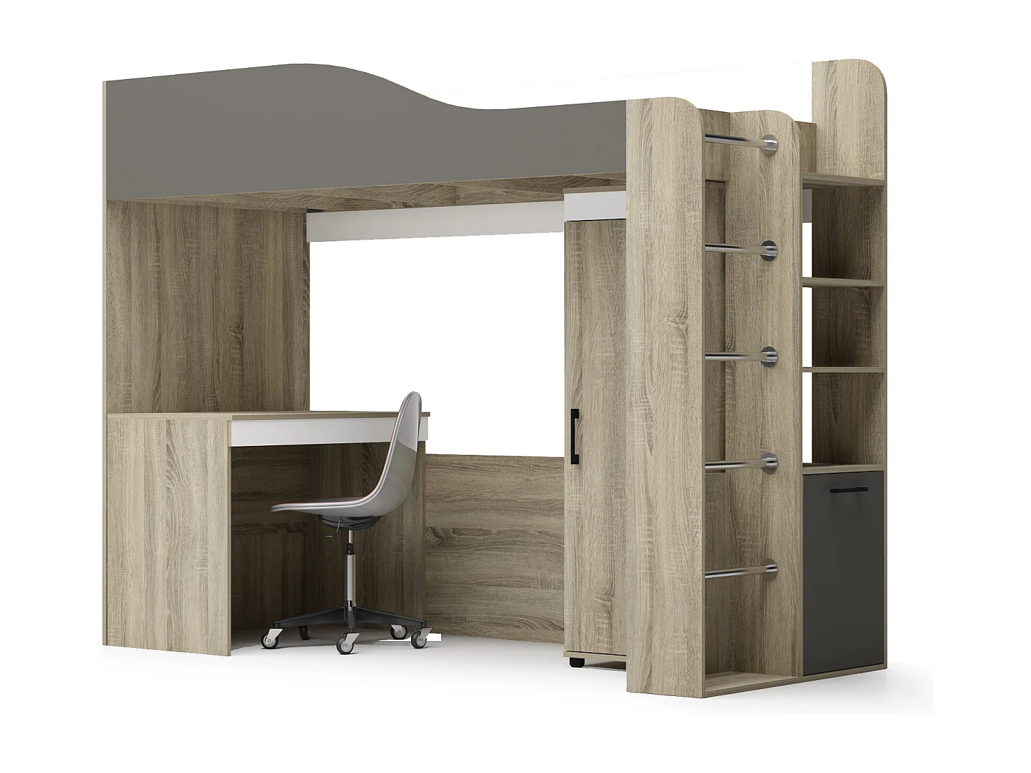 Cameretta moderna a soppalco con scrivania 96x180x232 cm in rovere, antracite e bianco CBG19