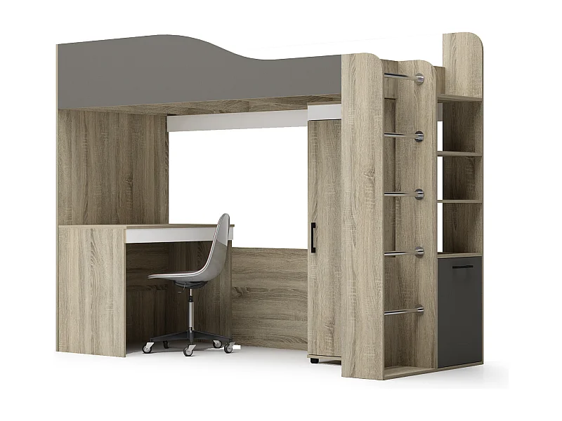 Cameretta moderna a soppalco con scrivania 96x180x232 cm in rovere, antracite e bianco CBG19