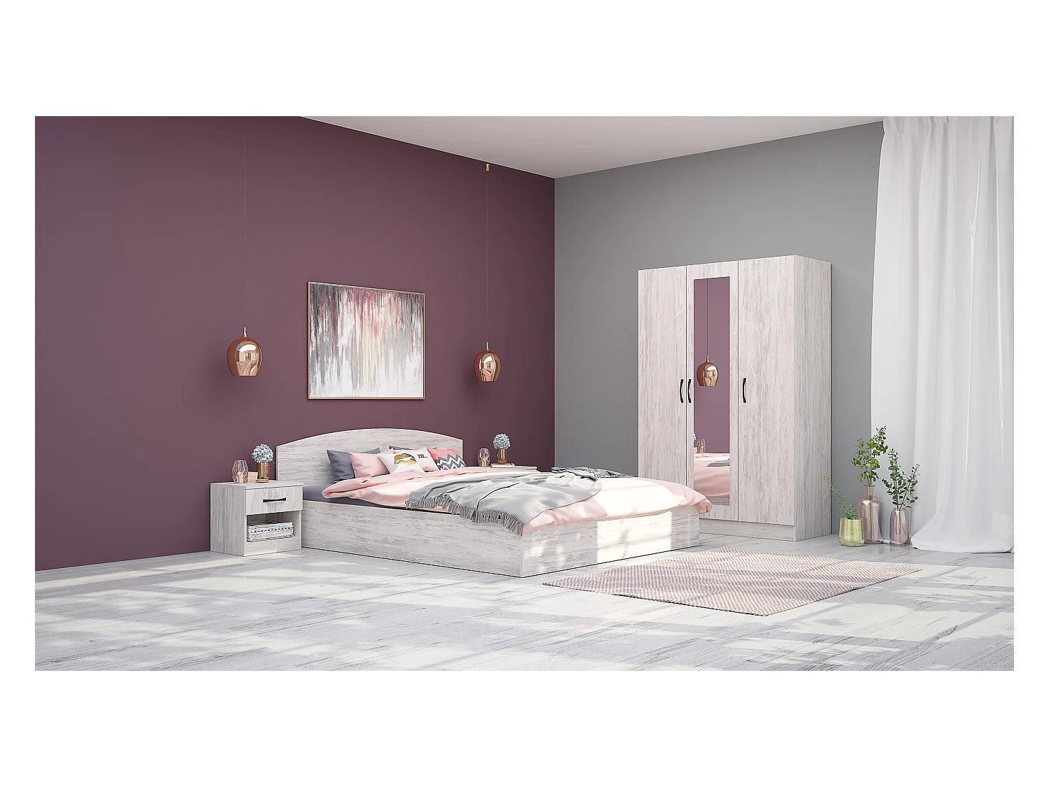 Camera matrimoniale da letto 160x200 completa effetto legno bianco CMG41