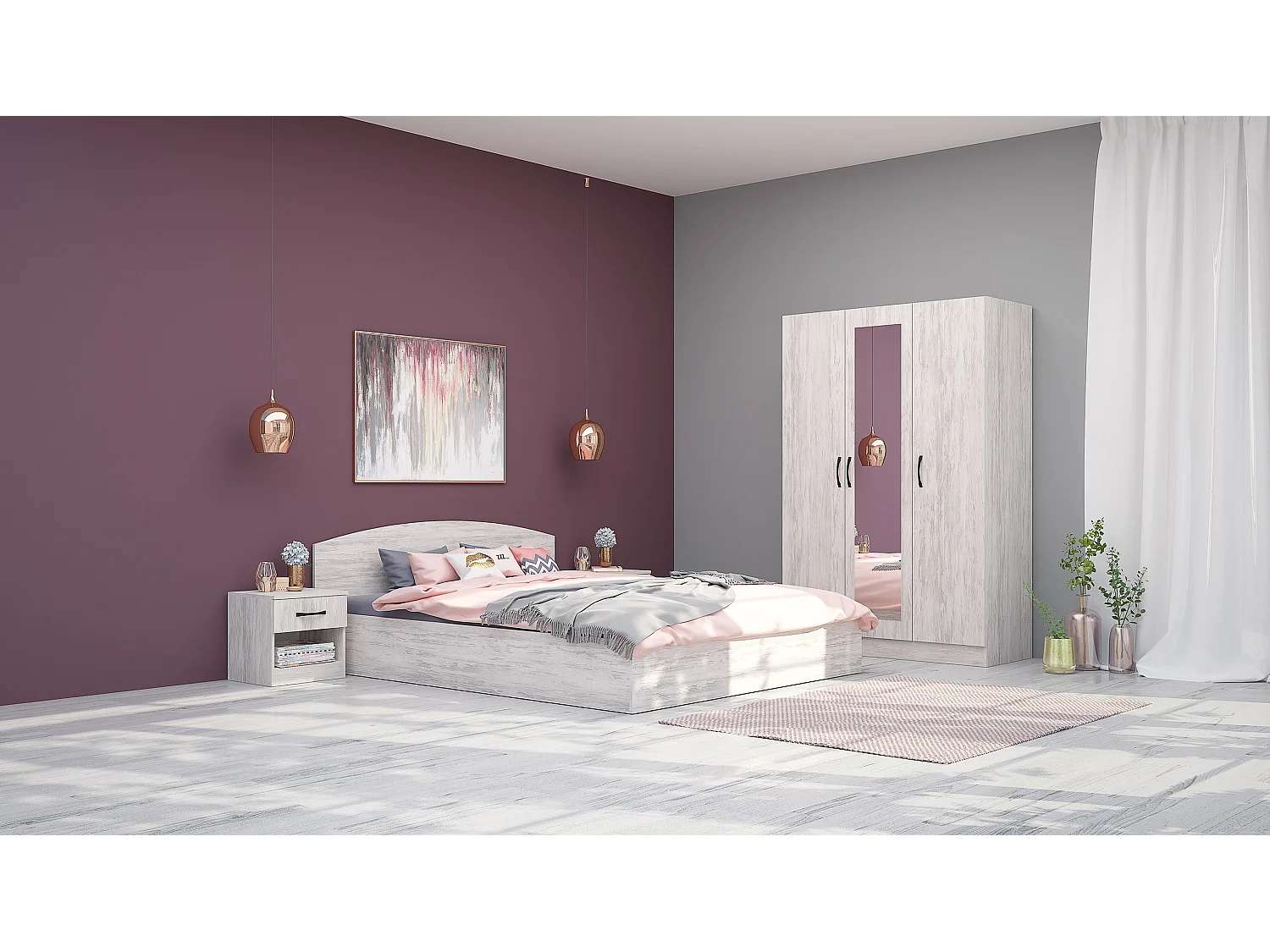 Camera matrimoniale da letto 160x200 completa effetto legno bianco CMG41