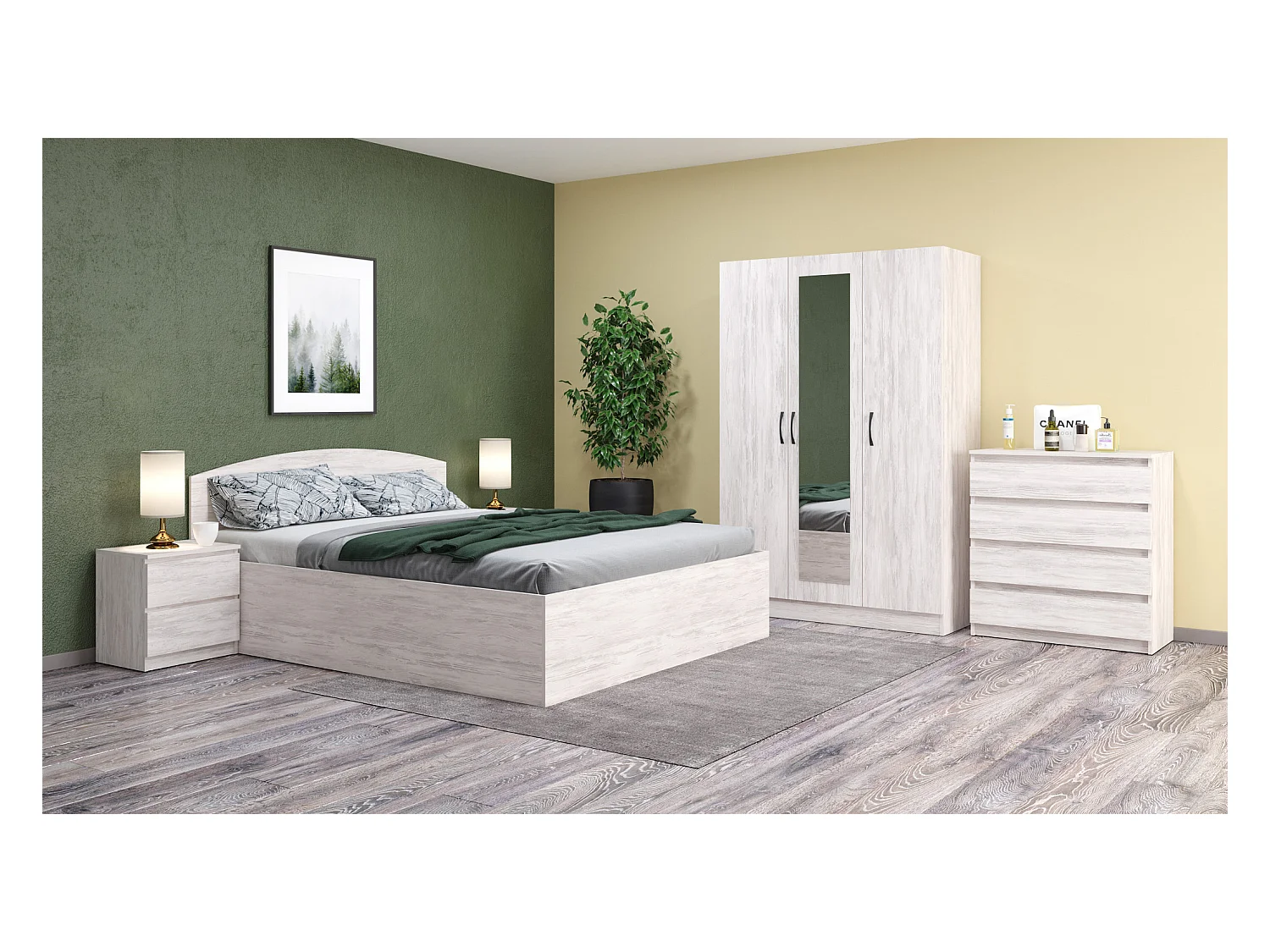 Camera da letto completa 160x200 con comò design moderno effetto legno bianco CMG45