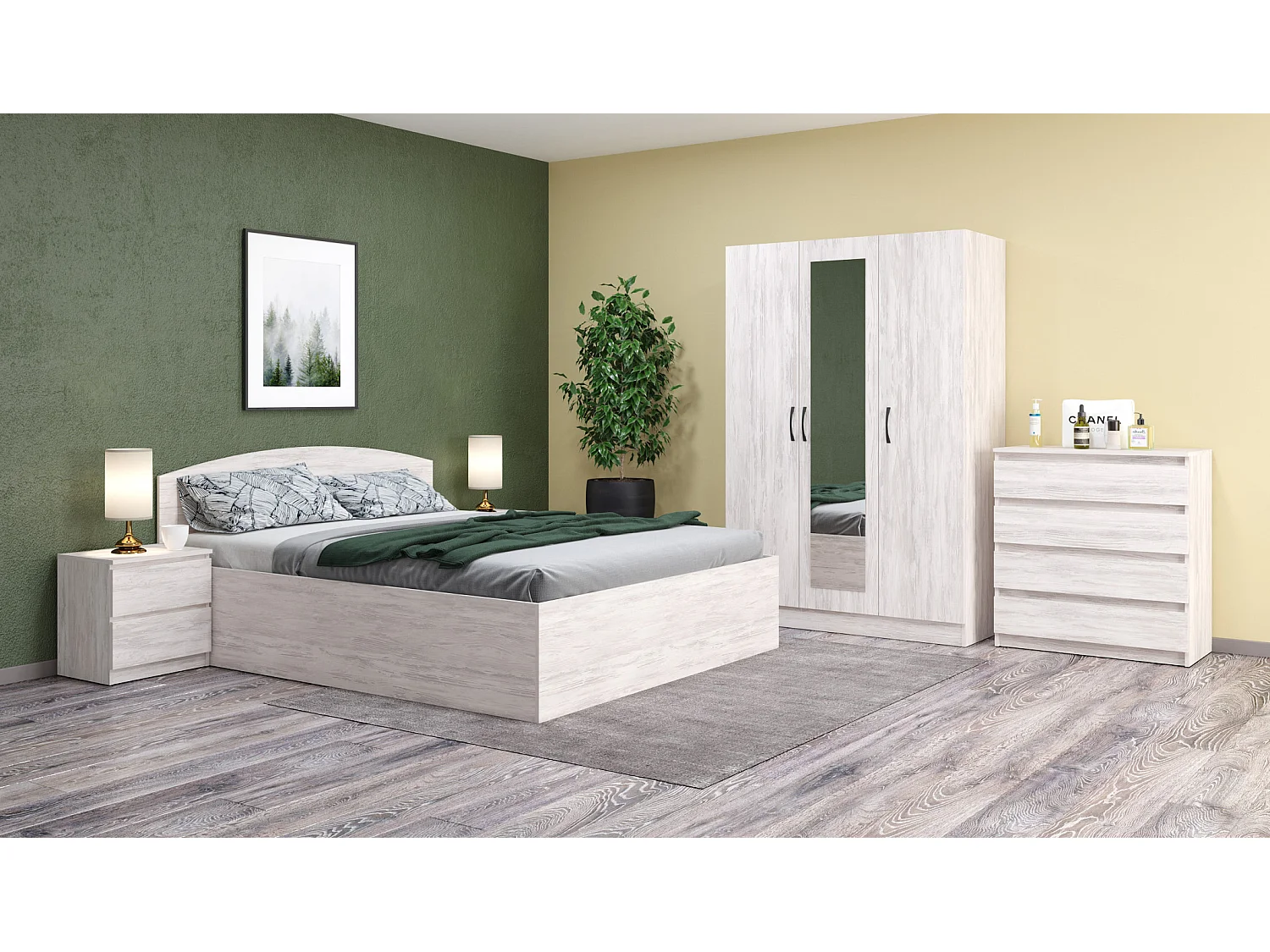 Camera da letto completa 160x200 con comò design moderno effetto legno bianco CMG45