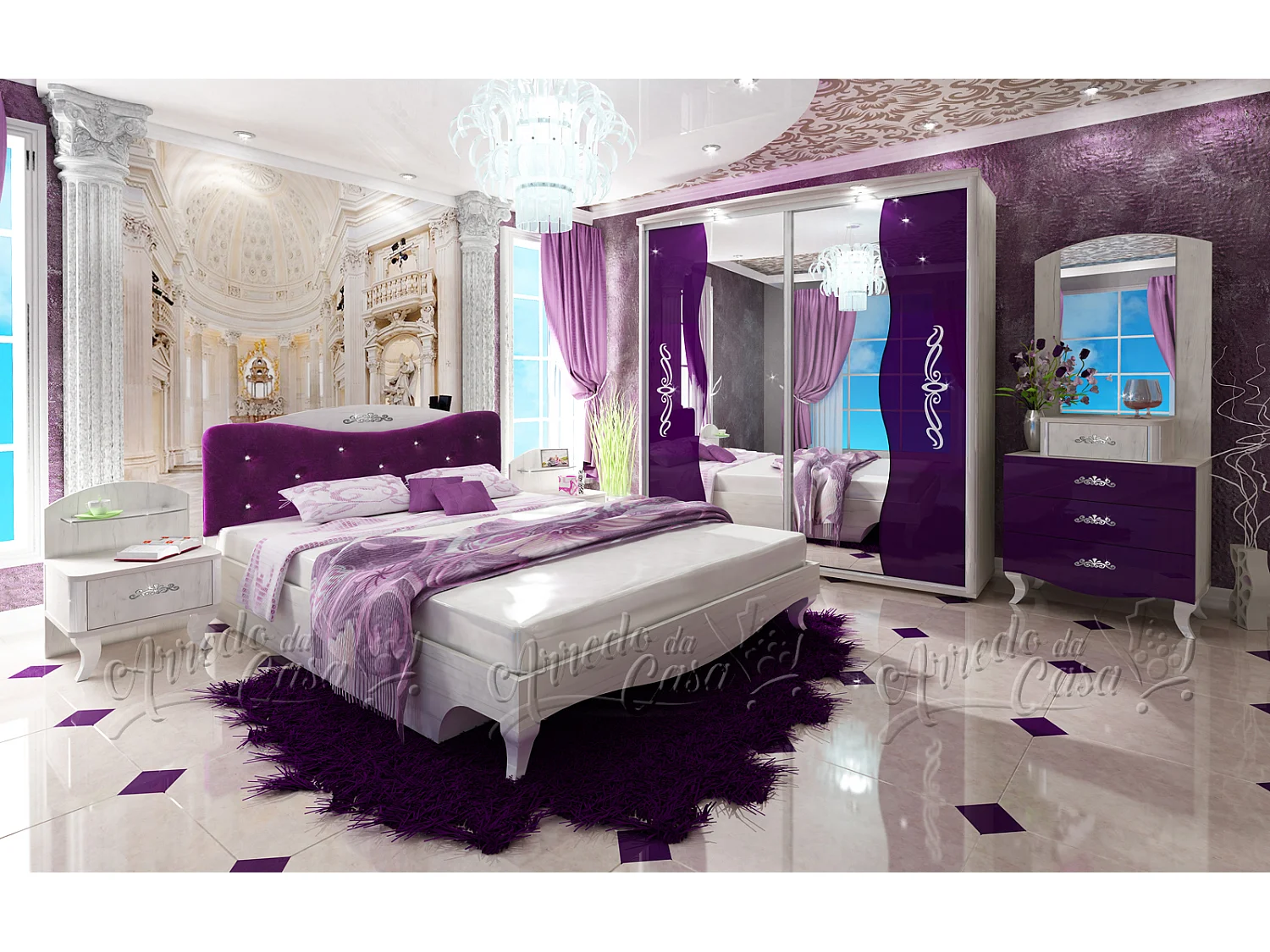 Camera da letto completa viola e bianco legno CDLU6