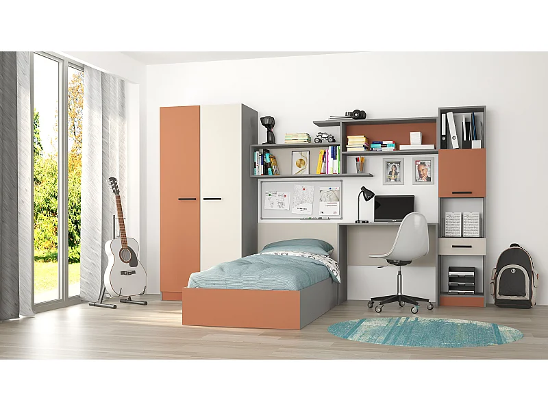 Cameretta moderna completa con letto contenitore 82x190 cm grigia/beige/arancio CBG3