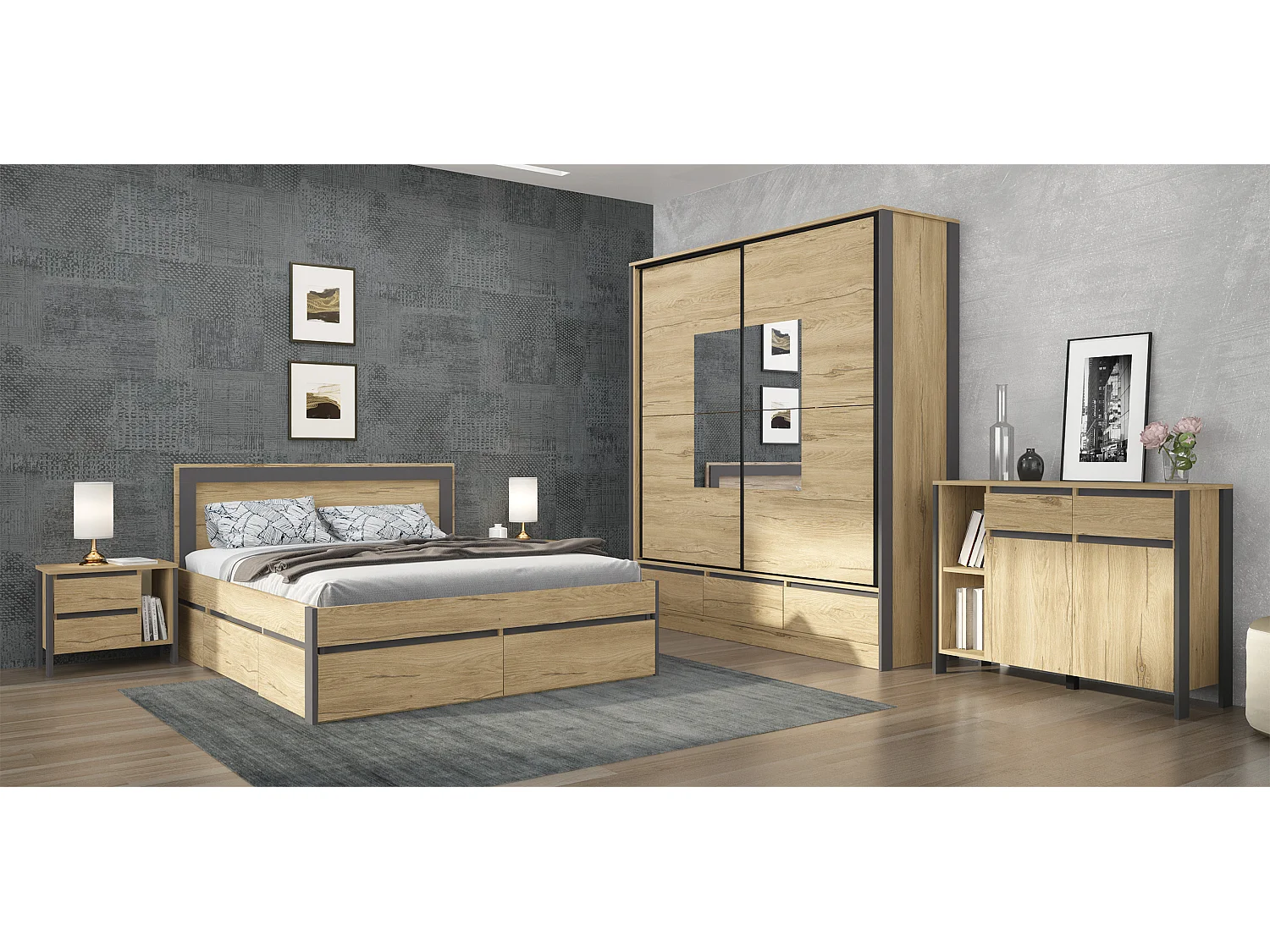 Camera da letto completa moderna rovere e antracite CMG46