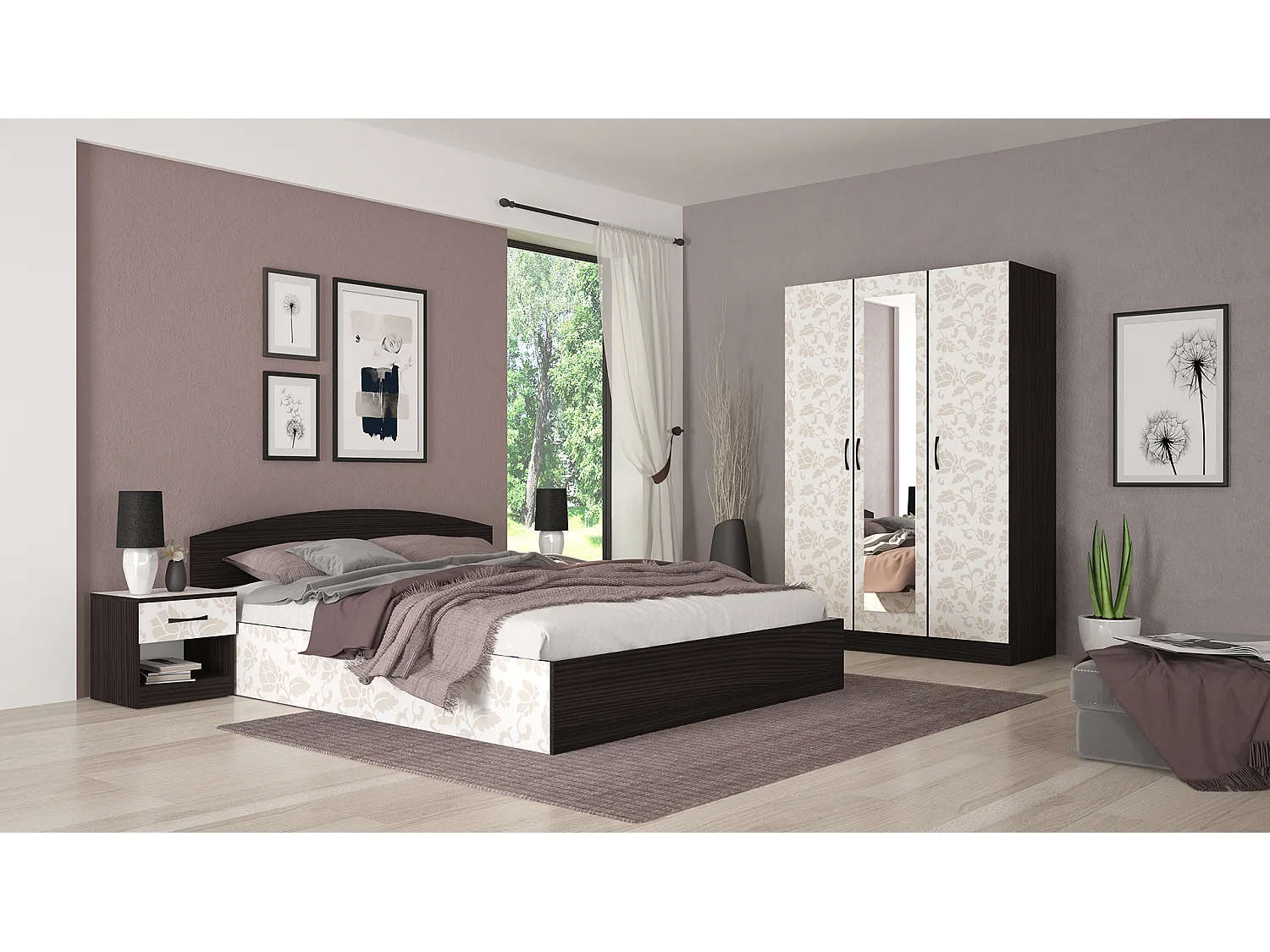 Camera da letto completa moderna wengè e bianco motivo floreale CMG48