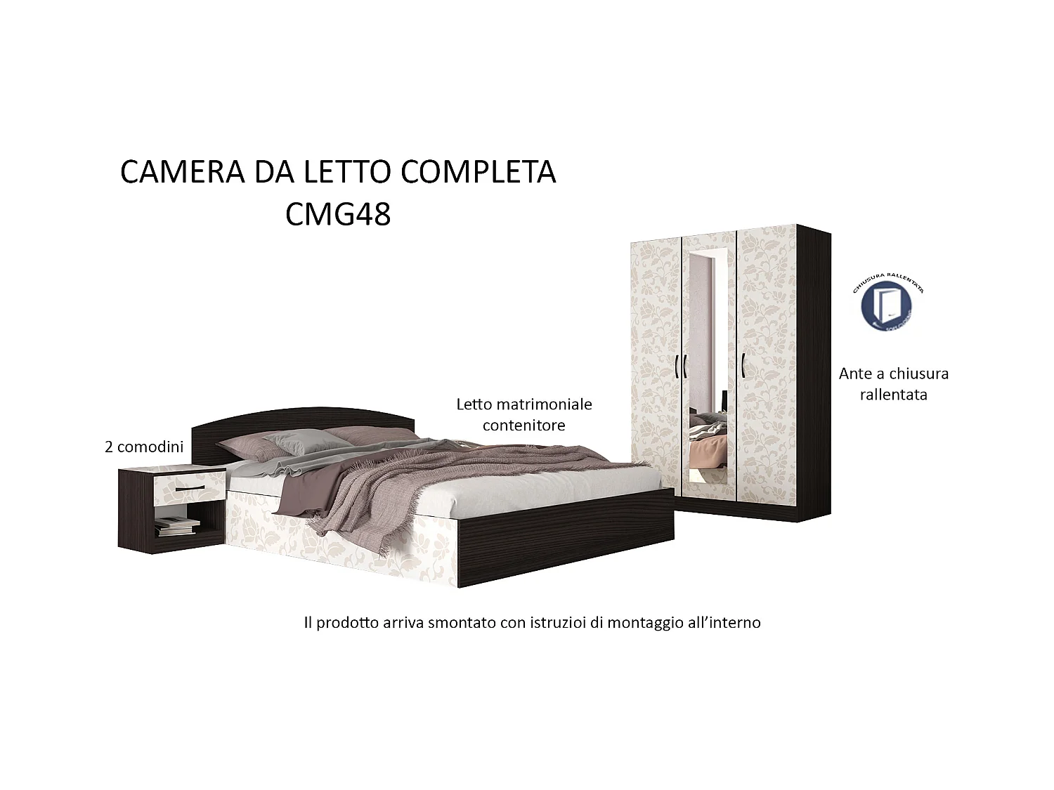 Camera da letto completa moderna wengè e bianco motivo floreale CMG48