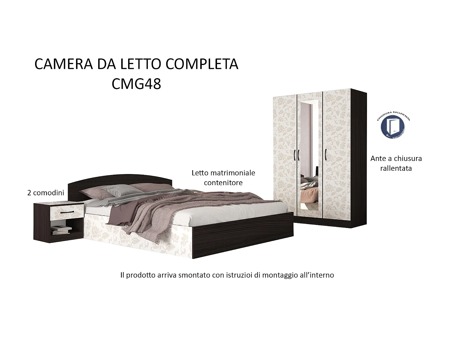 Camera da letto completa moderna wengè e bianco motivo floreale CMG48