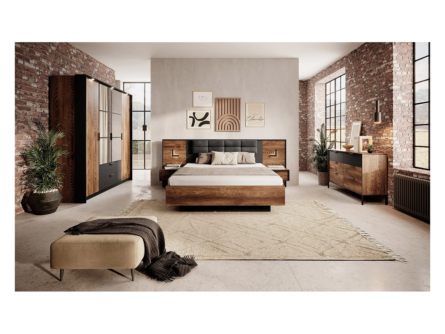 Camera da letto matrimoniale completa moderna marrone e nero CDLLK7
