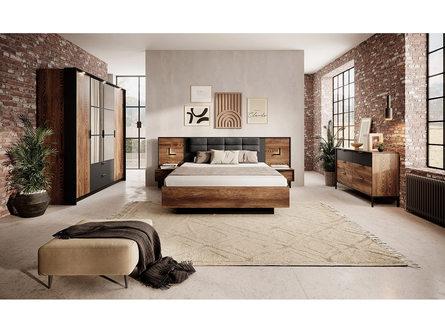 Camera da letto matrimoniale completa moderna marrone e nero CDLLK7