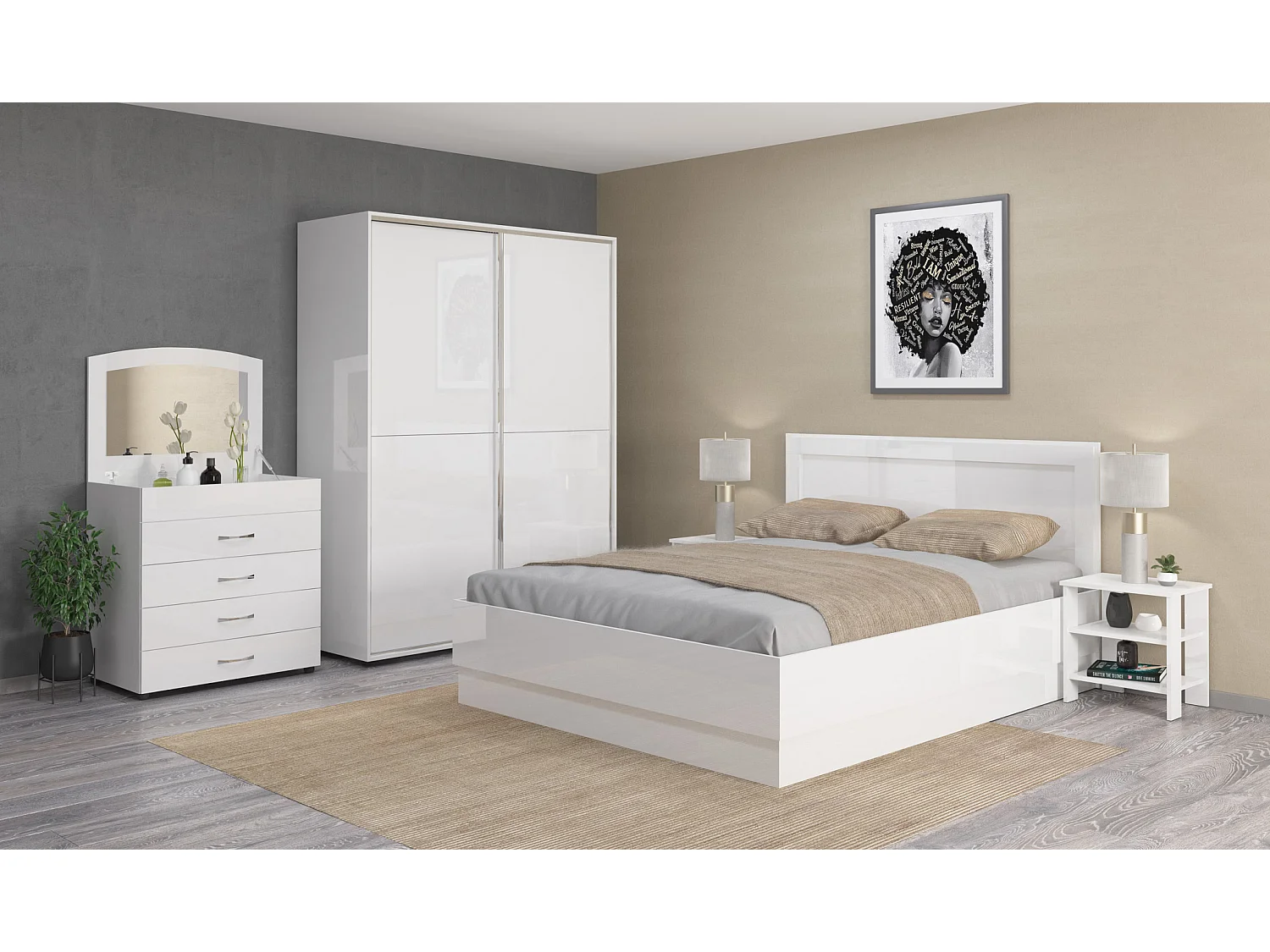 Camera da letto completa 160x200 con comò e specchio effetto laccato bianco lucido CMG44