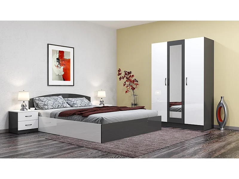 Camera da letto completa 160x200 design moderno effetto laccato bianco lucido e antracite CMG39