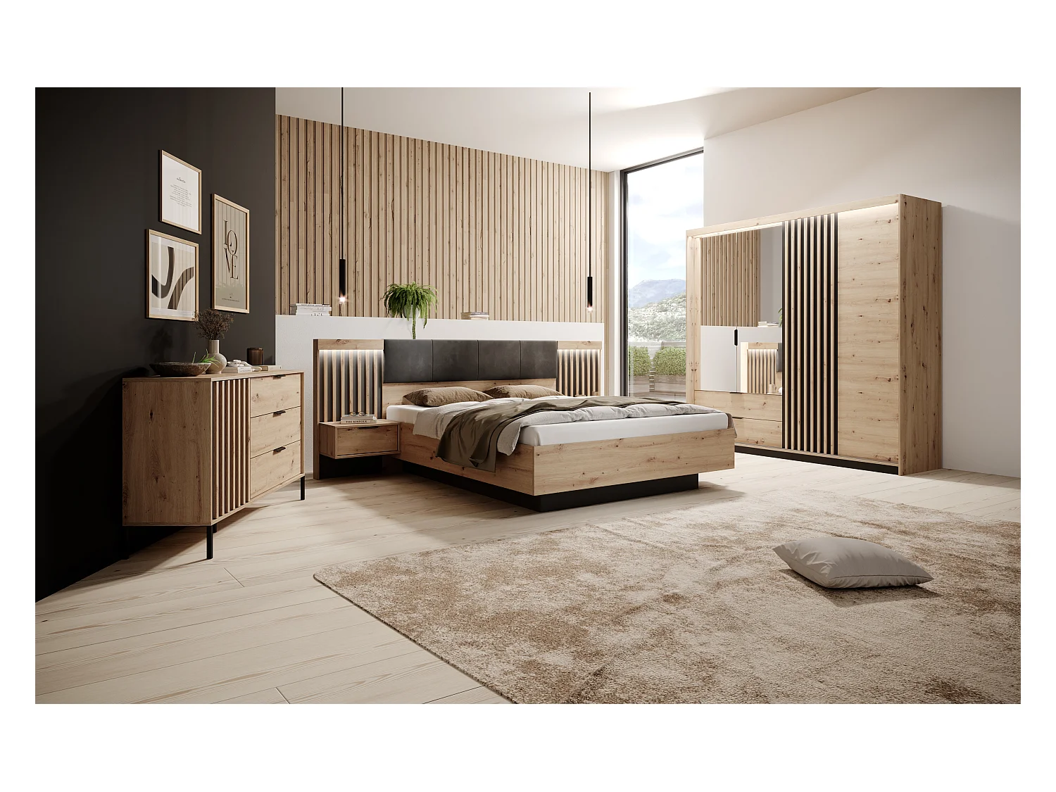 Camera da letto matrimoniale completa moderna rovere e nero CDLLK9