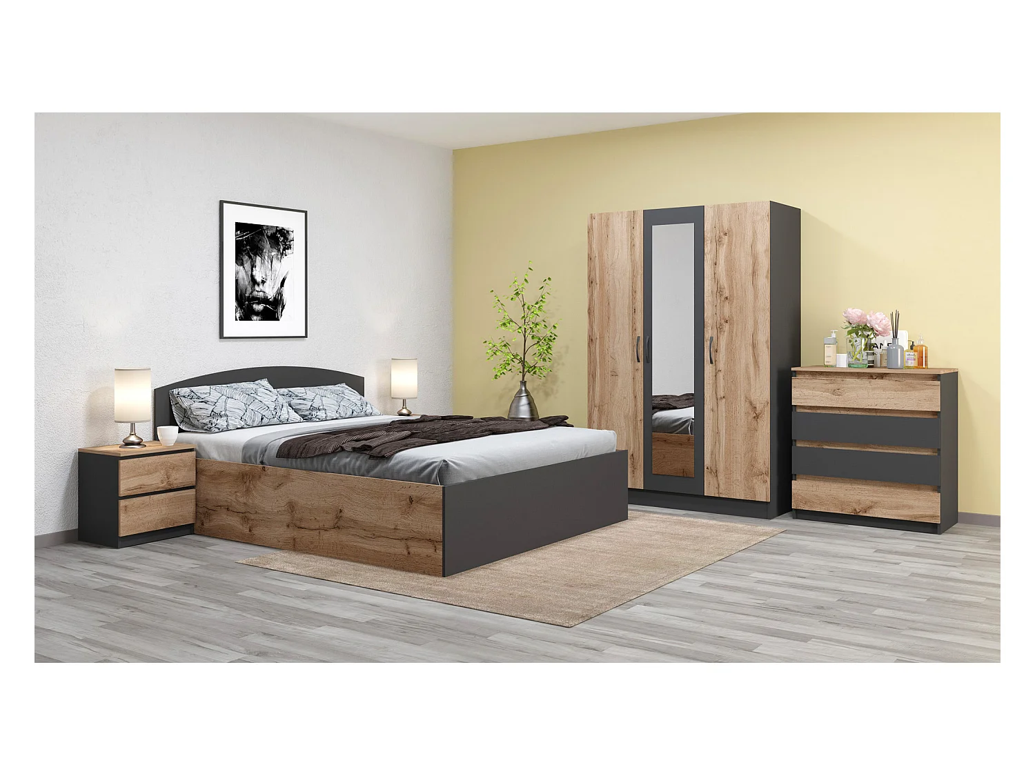 Camera da letto completa 160x200 con comò design moderno effetto legno rovere e antracite CMG45