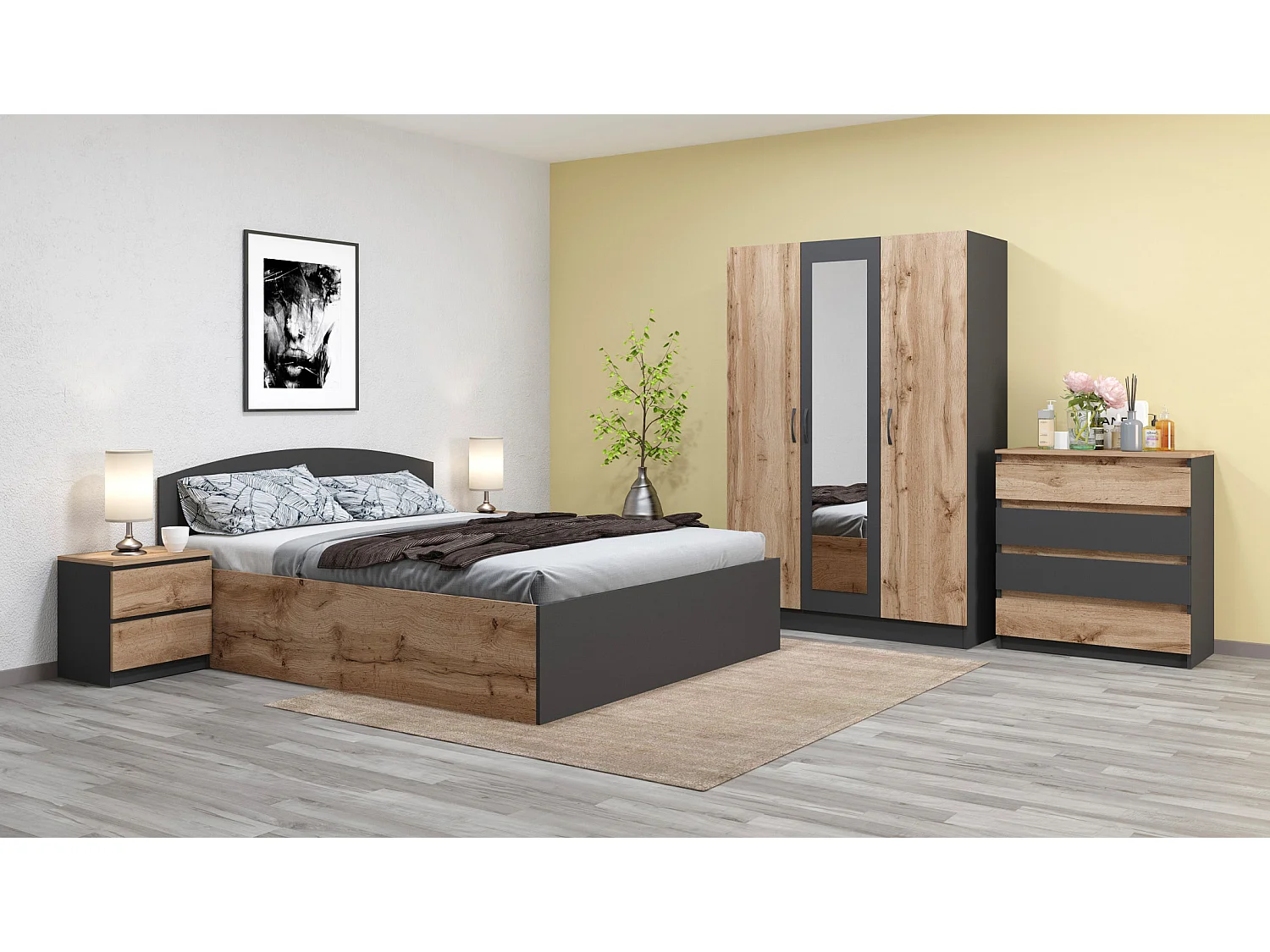 Camera da letto completa 160x200 con comò design moderno effetto legno rovere e antracite CMG45