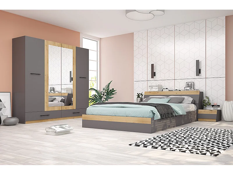 Camera da letto moderna completa 160x200 cm grafite e rovere CMG15