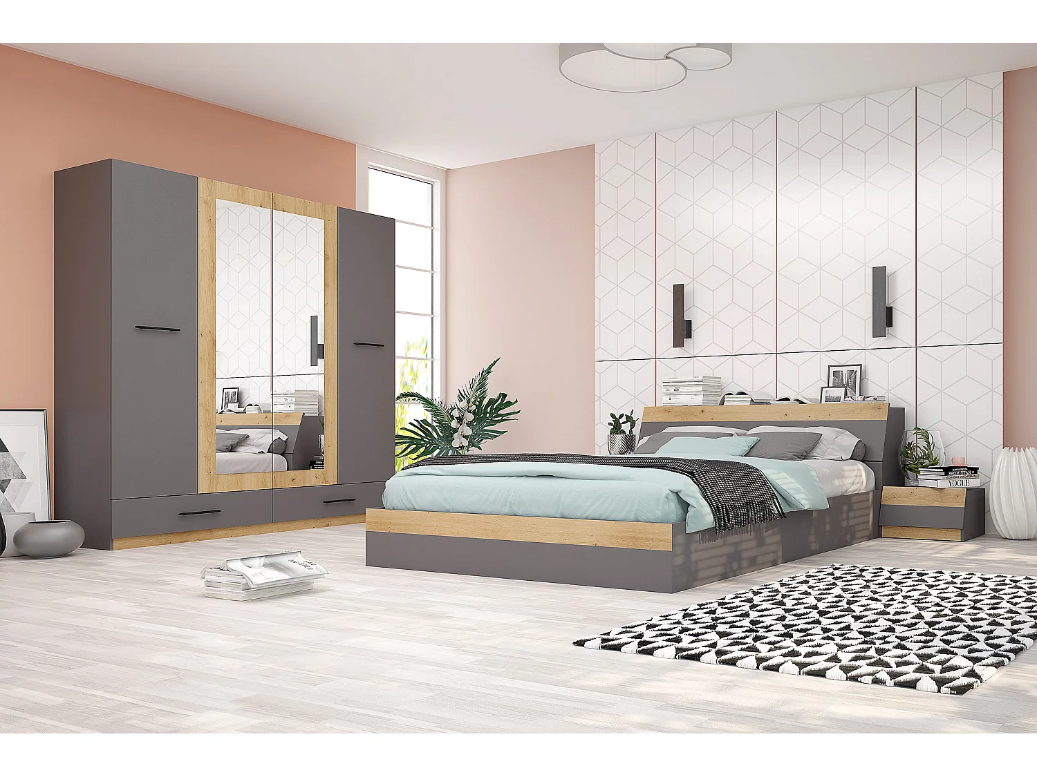 Camera da letto moderna completa 160x200 cm grafite e rovere CMG15