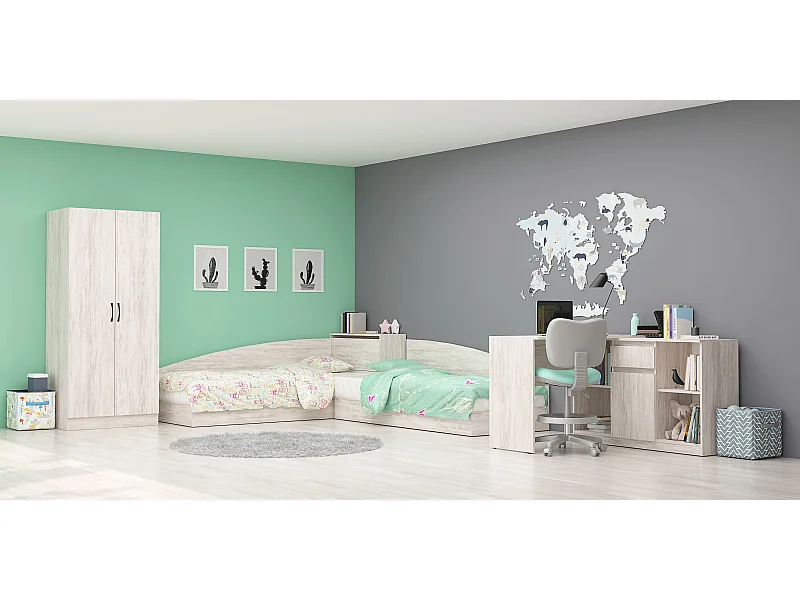 Cameretta completa 82x190 con due letti singoli ad angolo e scrivania grande bianco legno CBG6