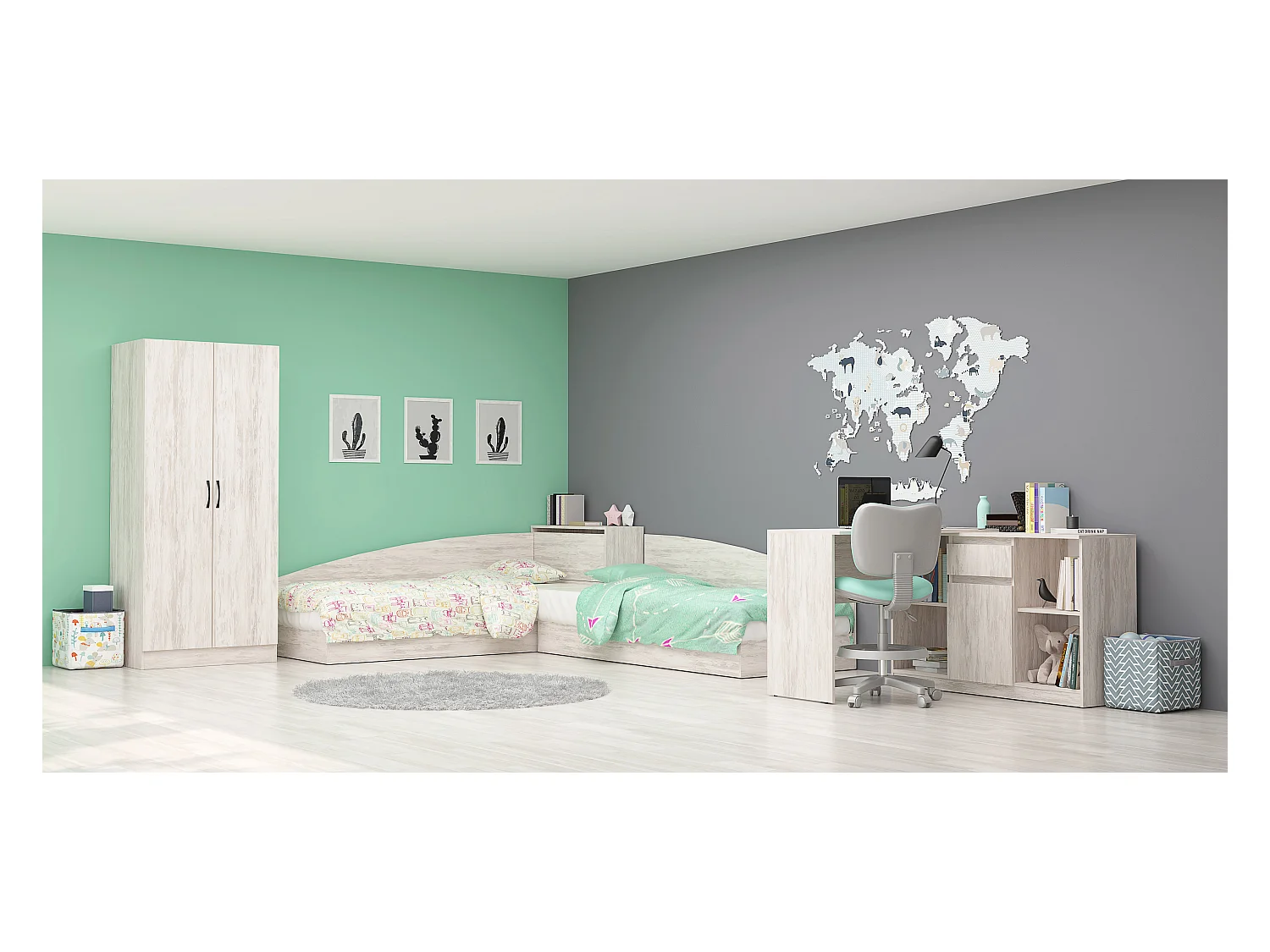 Cameretta completa 82x190 con due letti singoli ad angolo e scrivania grande bianco legno CBG6