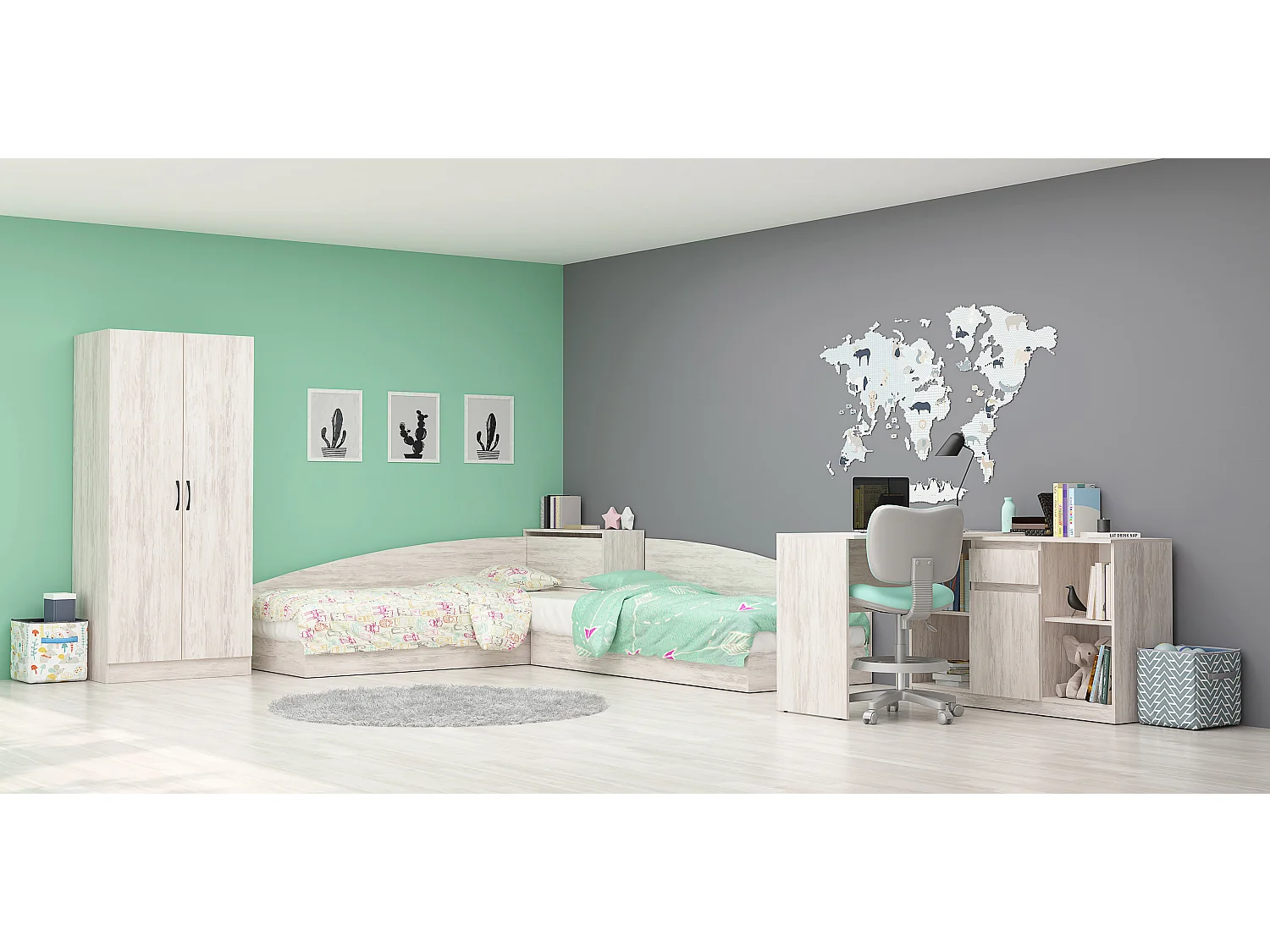 Cameretta completa 82x190 con due letti singoli ad angolo e scrivania grande bianco legno CBG6