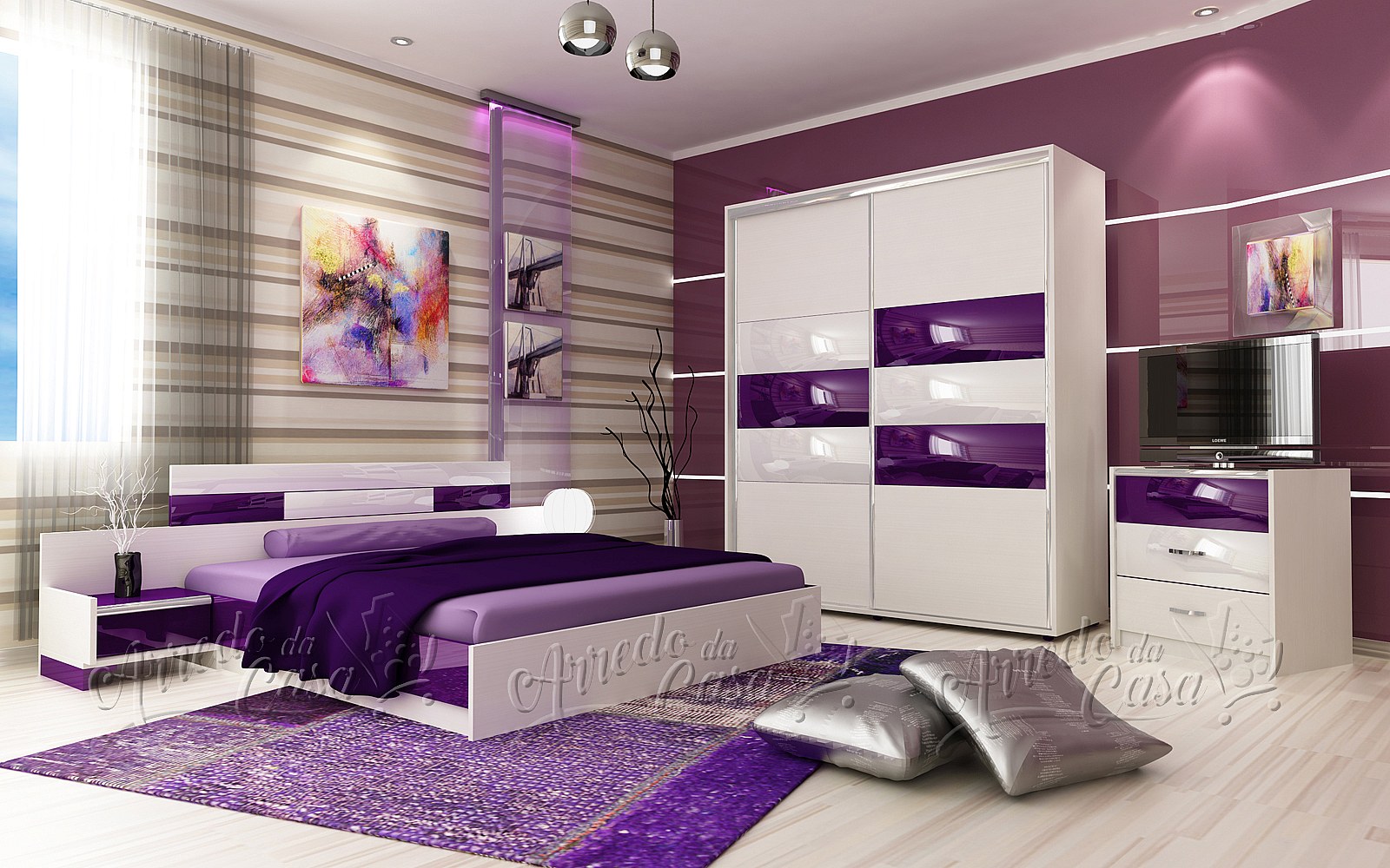 Runa Art Quadro Fiori Astratti Su Tela Non Tessuta 5 Pezzi - Viola, Per Camera Da Letto E Corridoio - 3
