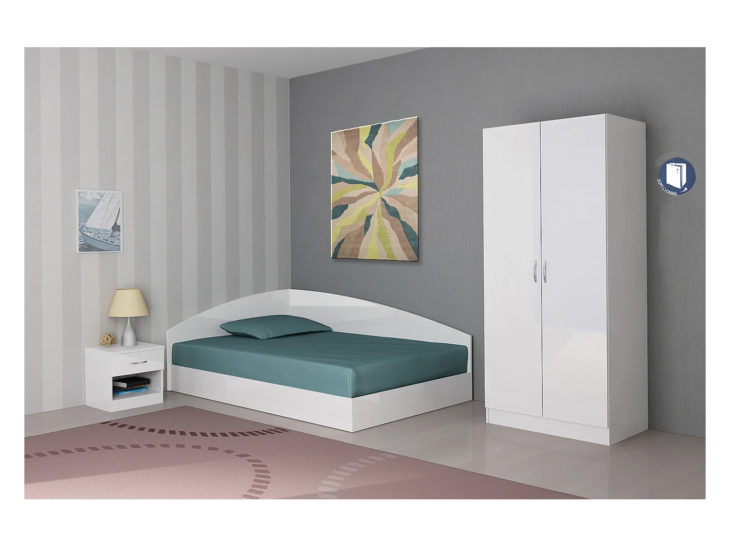 Cameretta 120x190 completa con letto a una piazza e mezza ad angolo bianco lucido CBG8