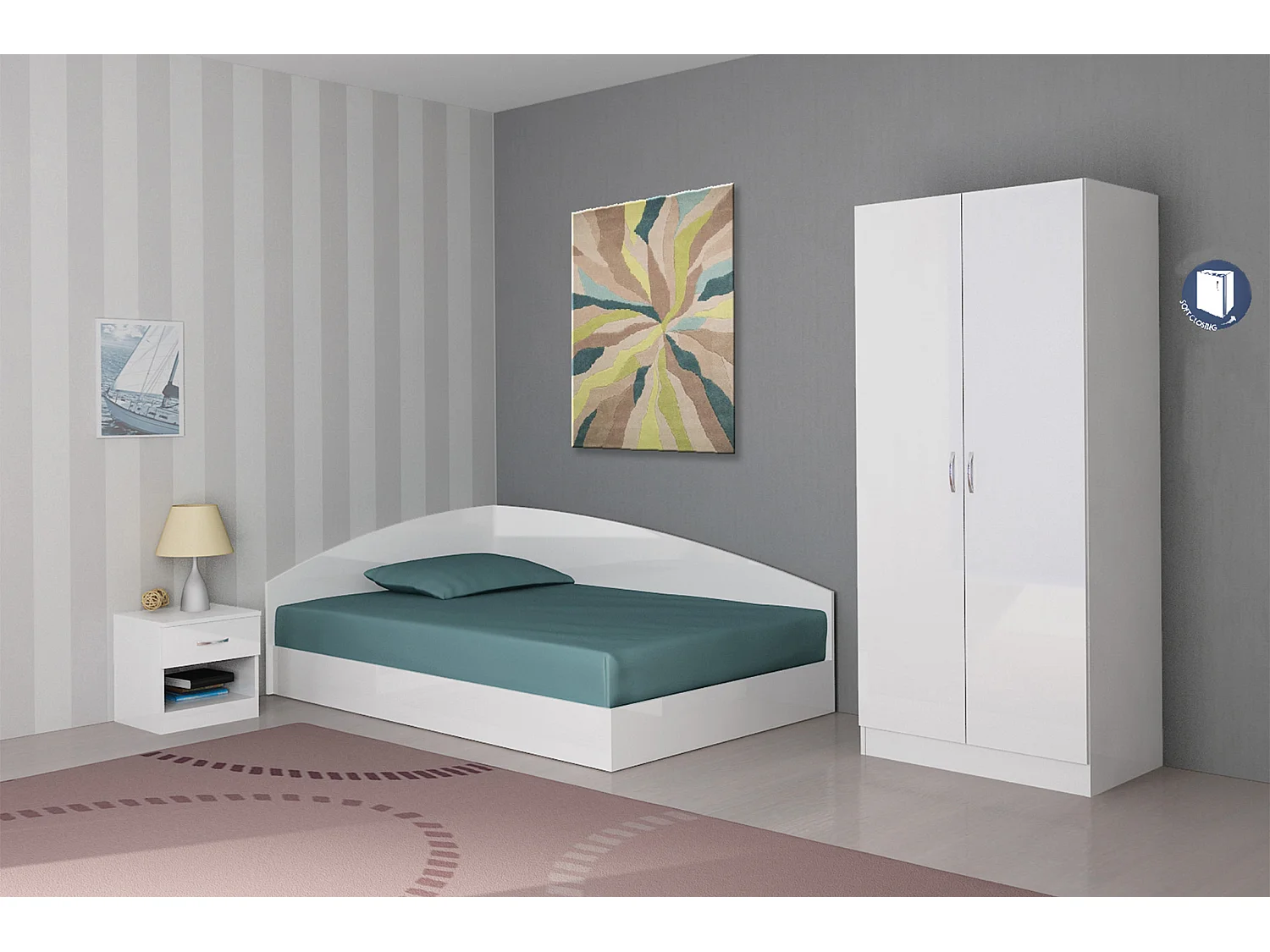 Cameretta 120x190 completa con letto a una piazza e mezza ad angolo bianco lucido CBG8