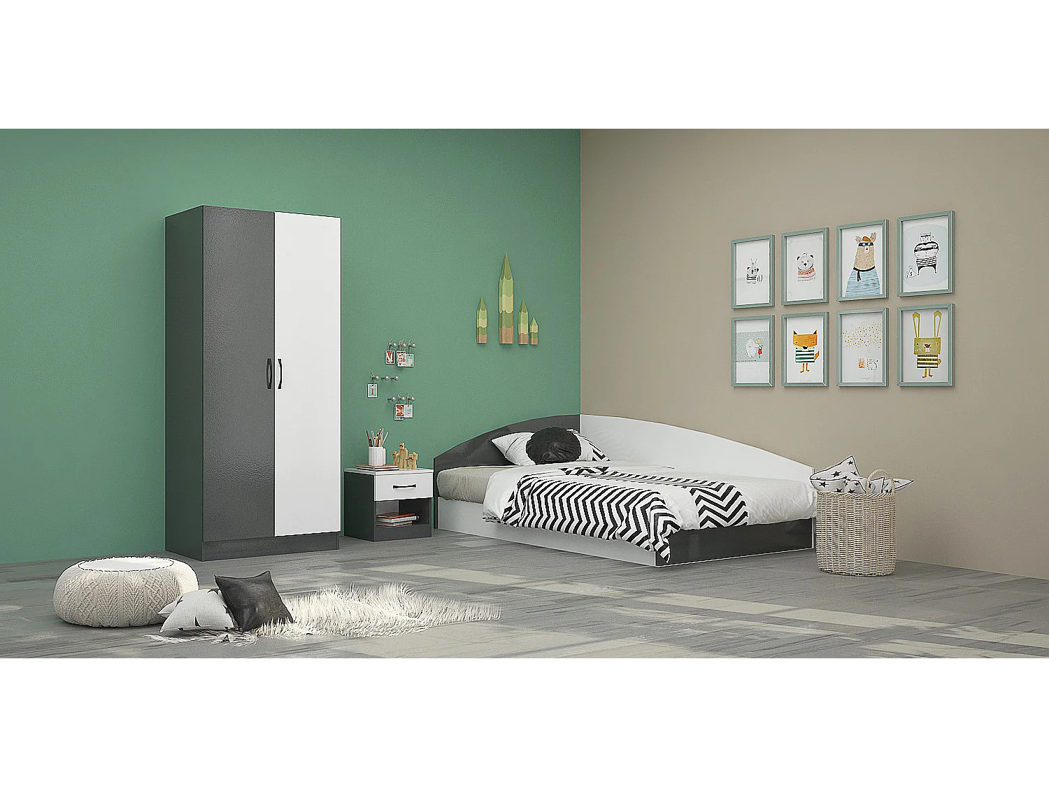 Cameretta 120x190 completa con letto a una piazza e mezza ad angolo bianco e antracite CBG8