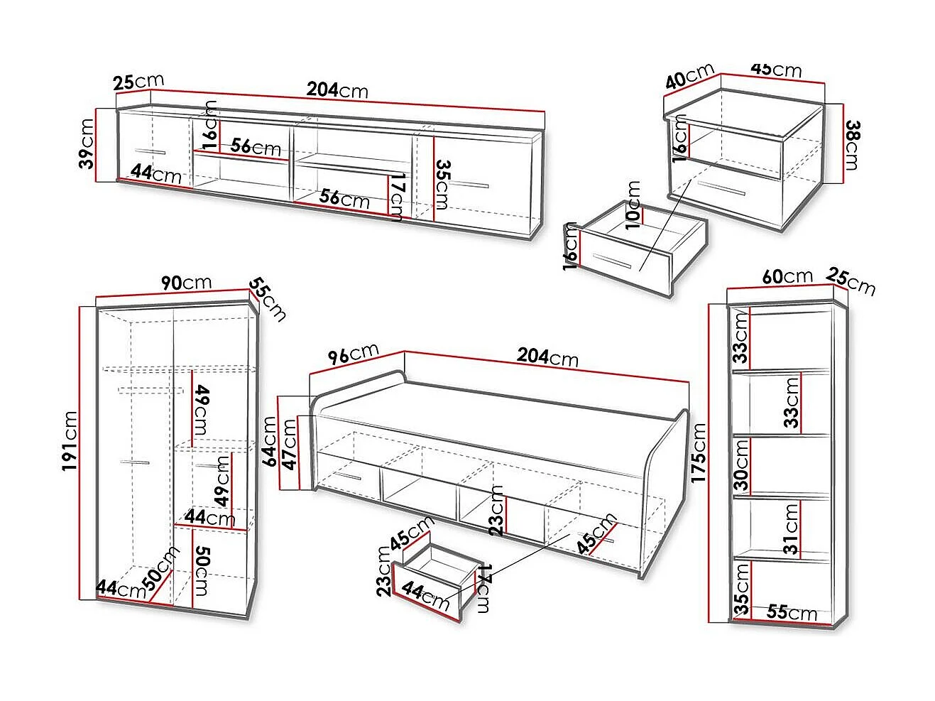 Cameretta moderna bianca e rovere per ragazzi CBP2