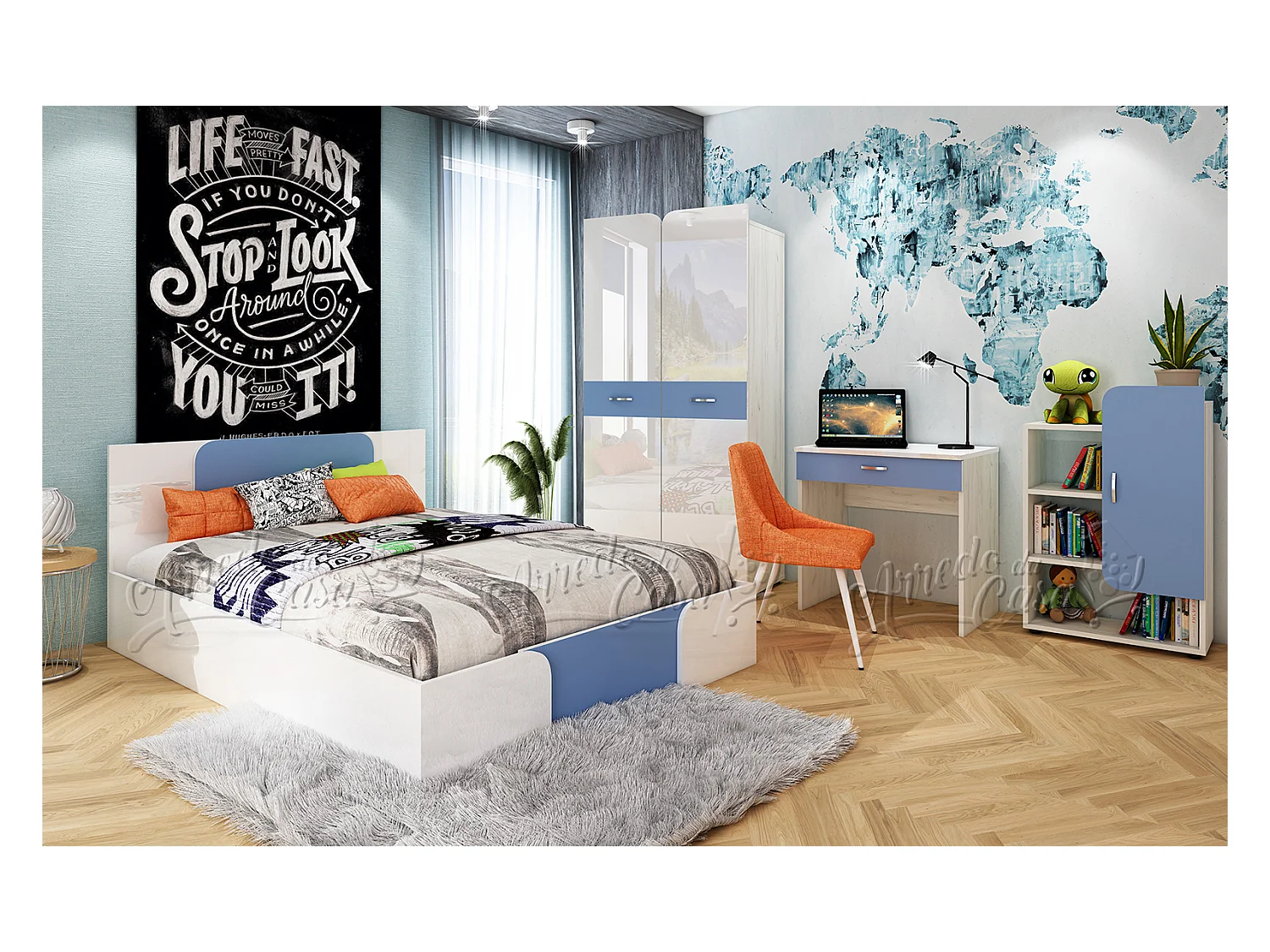 Cameretta completa moderna per ragazzi bianco e blu CCU19