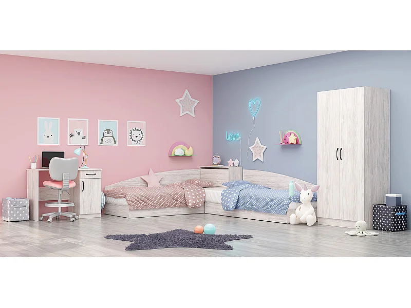 Cameretta completa 82x190 con due letti singoli ad angolo e scrivania bianco lucido CBG7