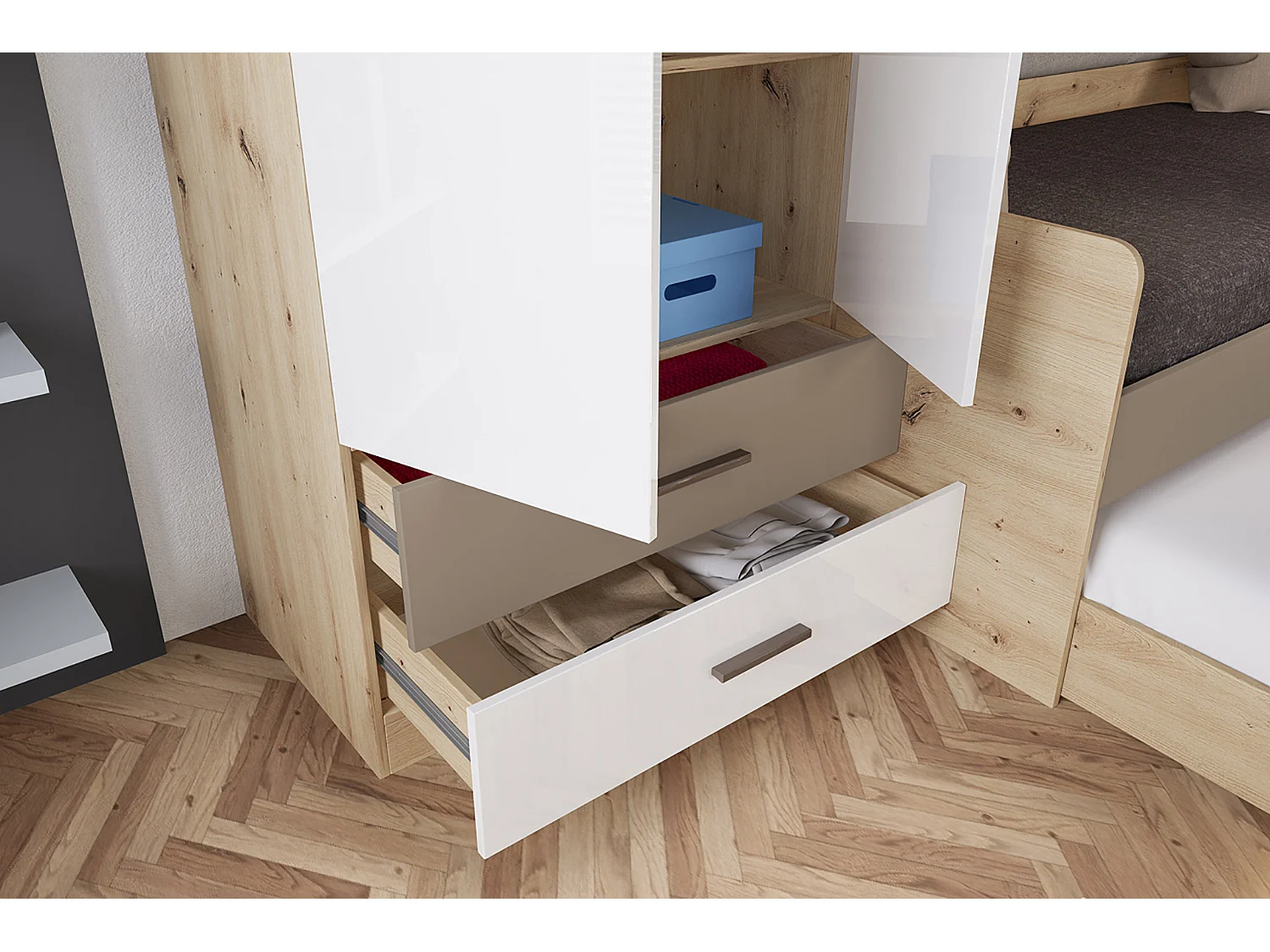 Cameretta completa rovere e bianco lucido due letti CCI14