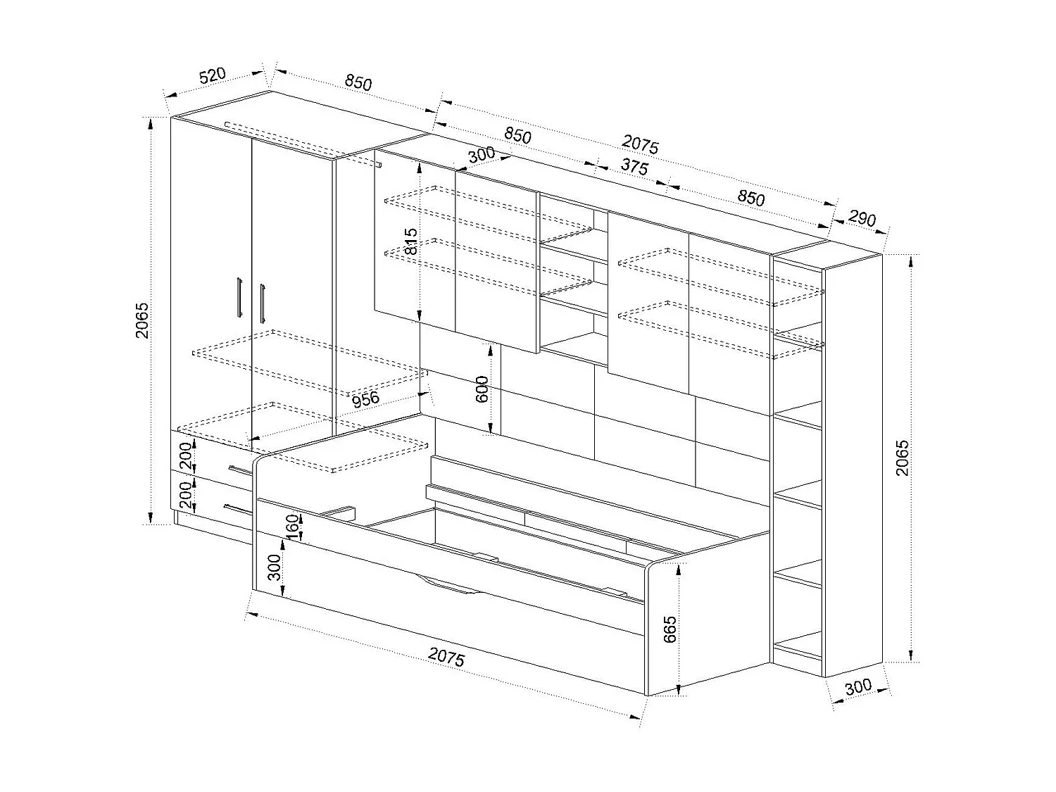 Cameretta completa rovere e bianco lucido due letti CCI14