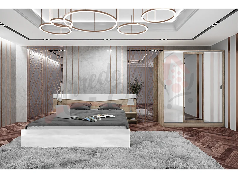 Camera da letto con letto e armadio sonoma/bianco lucido CDLI34